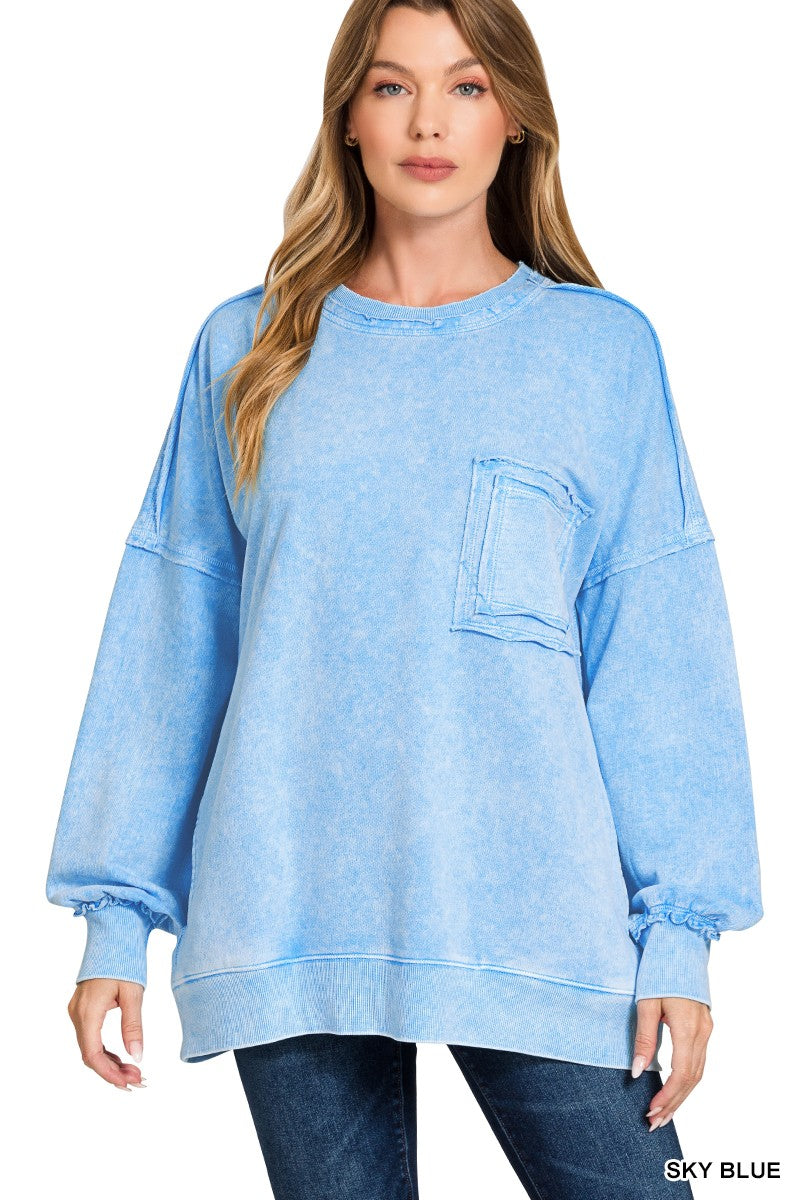 Zenana Halo Washed French Terry Exposed-seam Sweatshirt - SKY BLUE - Bexa Boutique