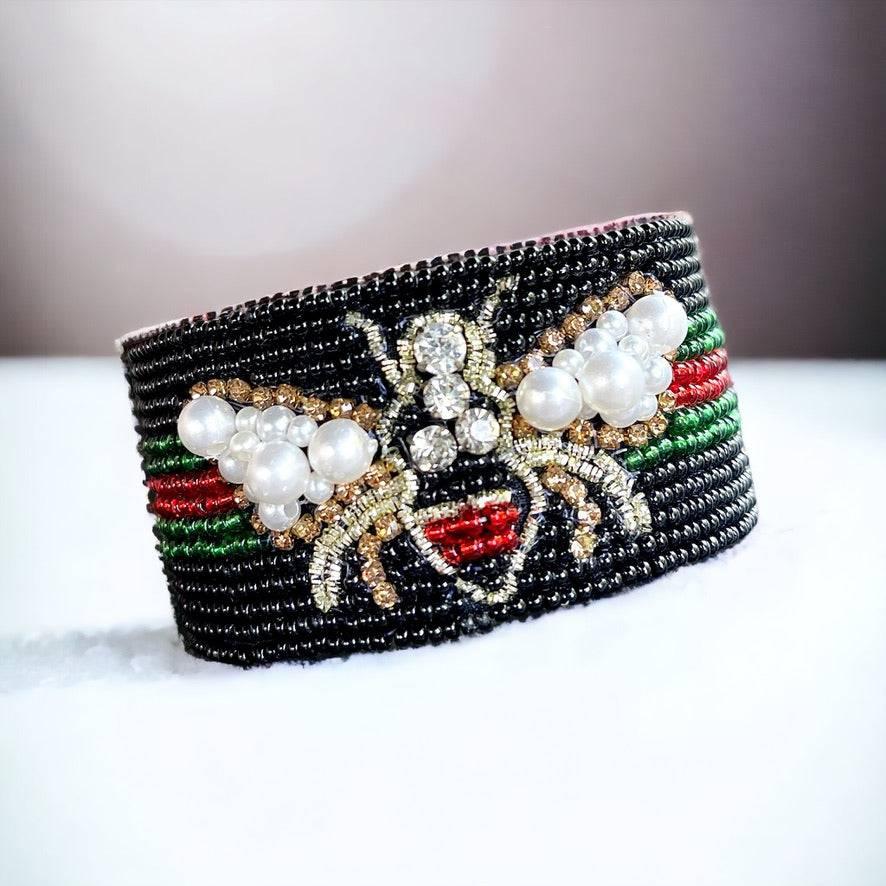 Pearl & Rhinestone Bee Cuff Bracelet - White - Bexa Boutique
