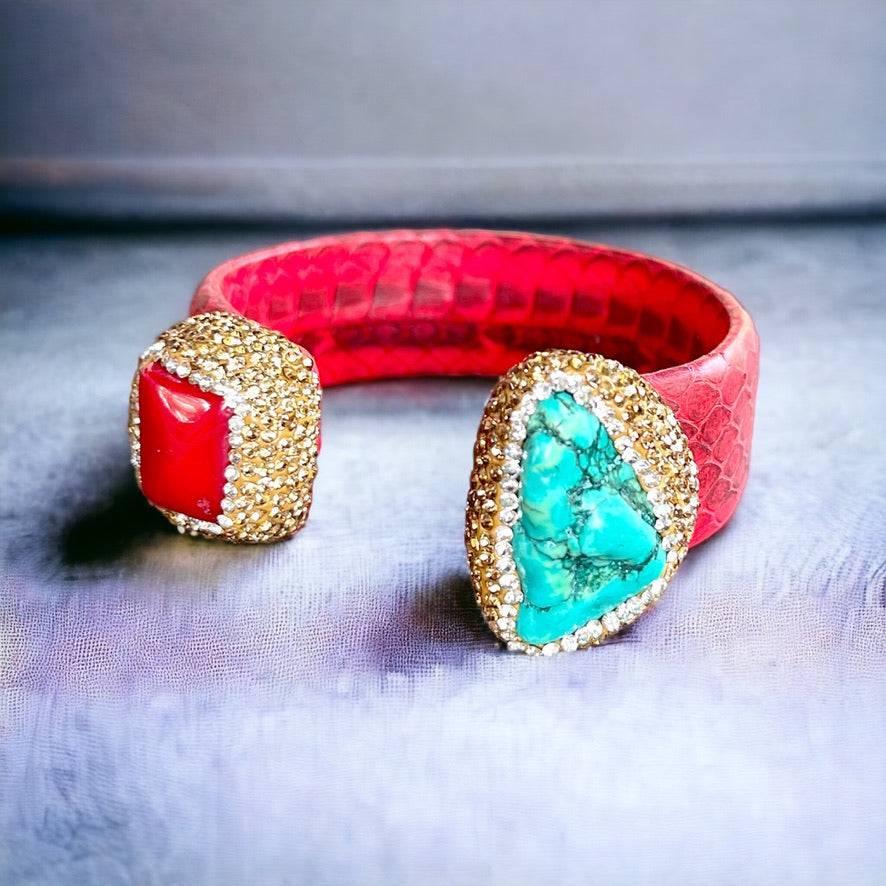 Red Coral Open Cuff Leather Bracelet with Rhinestone Embellishment - Bexa Boutique