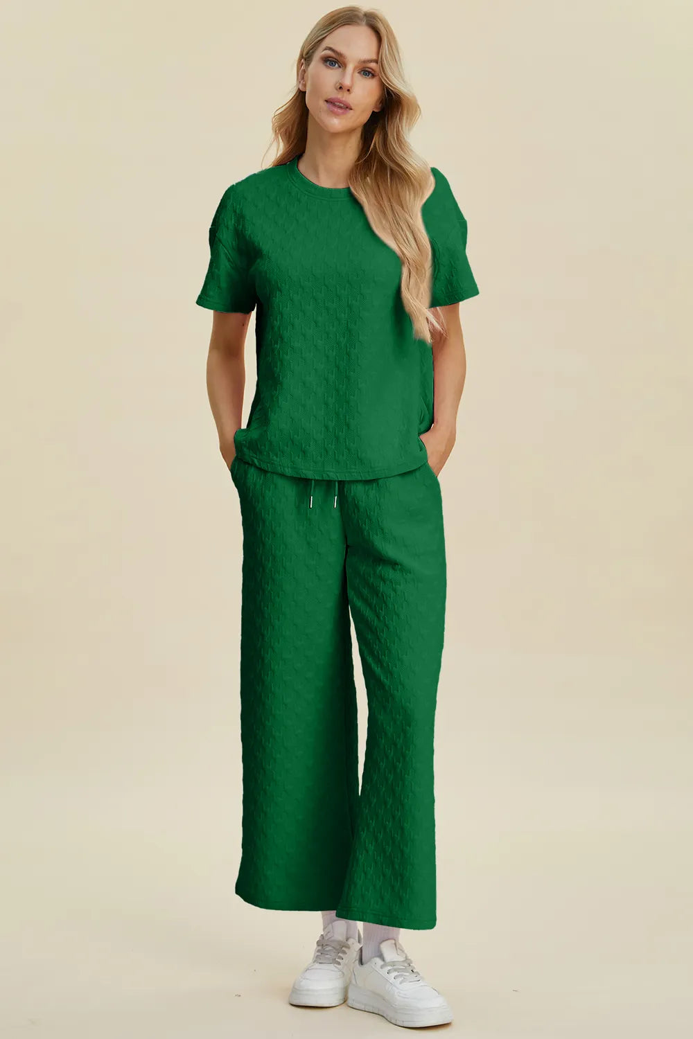 Double Take Full Size Texture Round Neck Short Sleeve Top and Pants Set - Dark Green - Bexa Boutique
