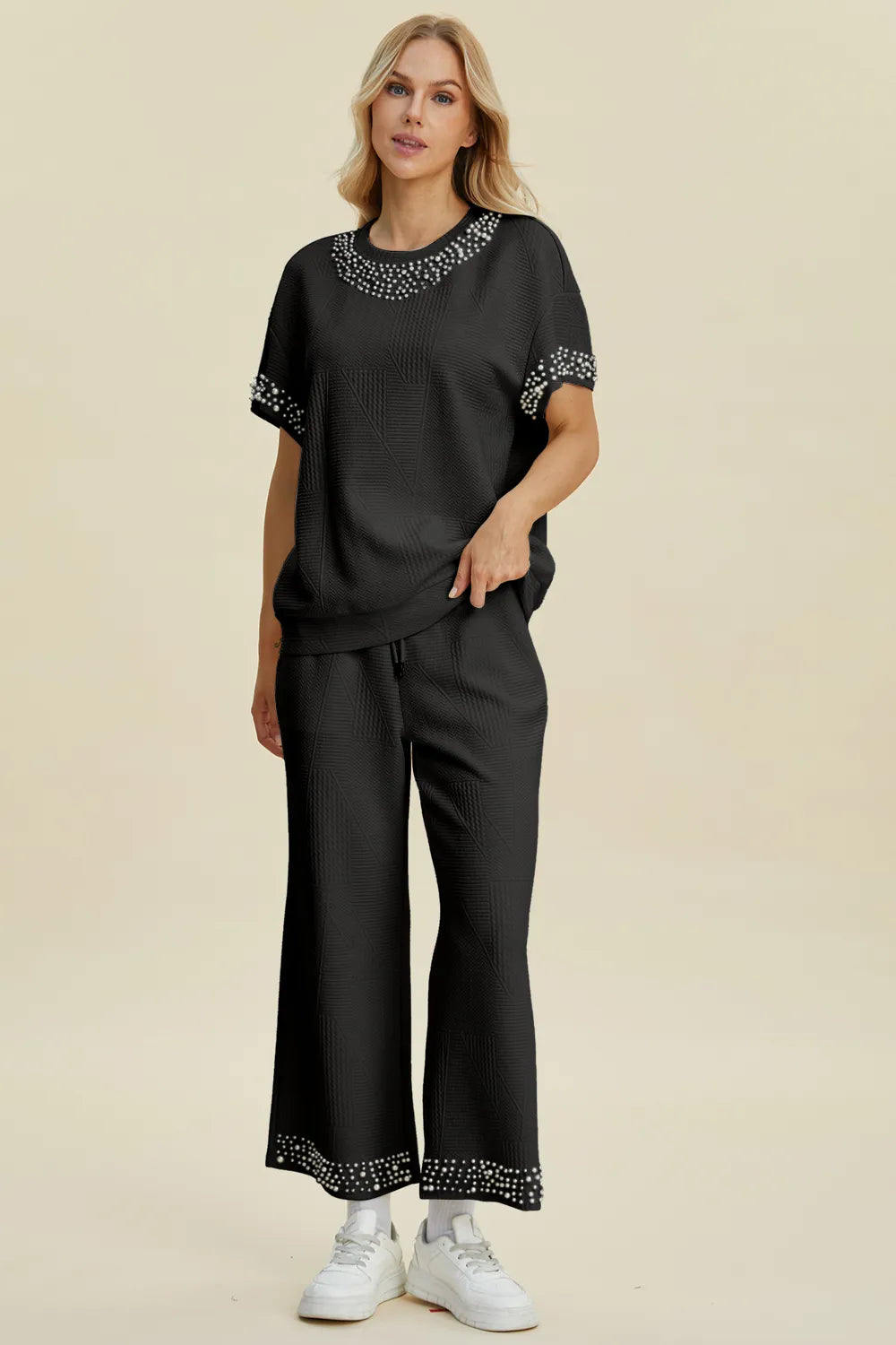 Double Take Full Size Pearl Detail Round Neck Top and Pants Set - Black - Bexa Boutique