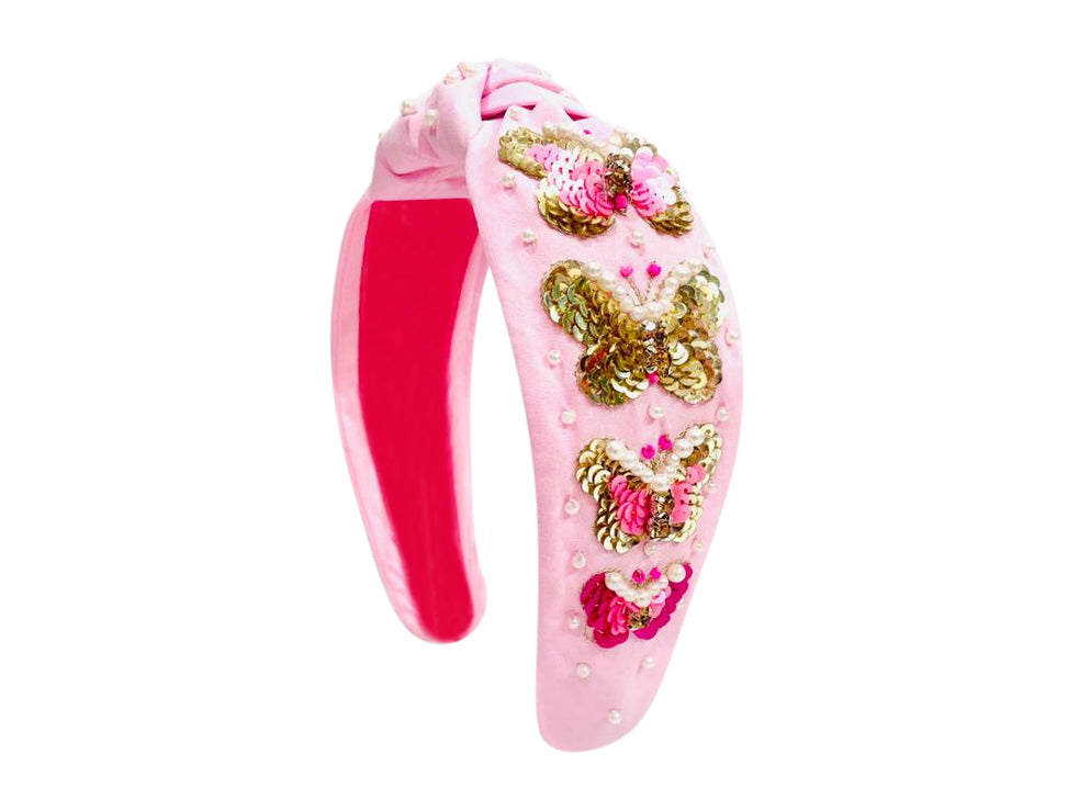 Headband Knot - Pink with Sequin Butterflies - Bexa Boutique