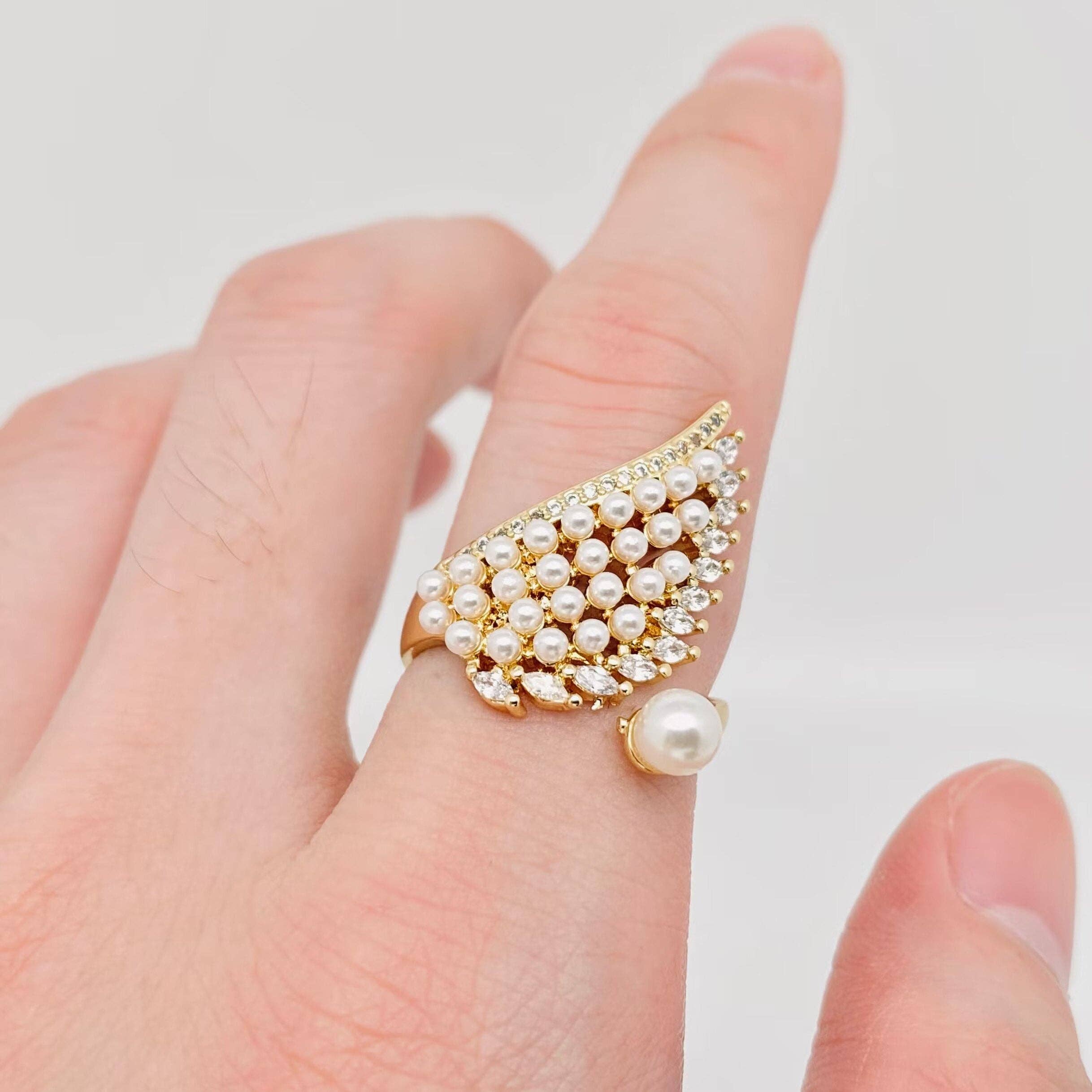 Angel Wings CZ Pearl Adjustable Ring with 18K Gold Plating - Bexa Boutique