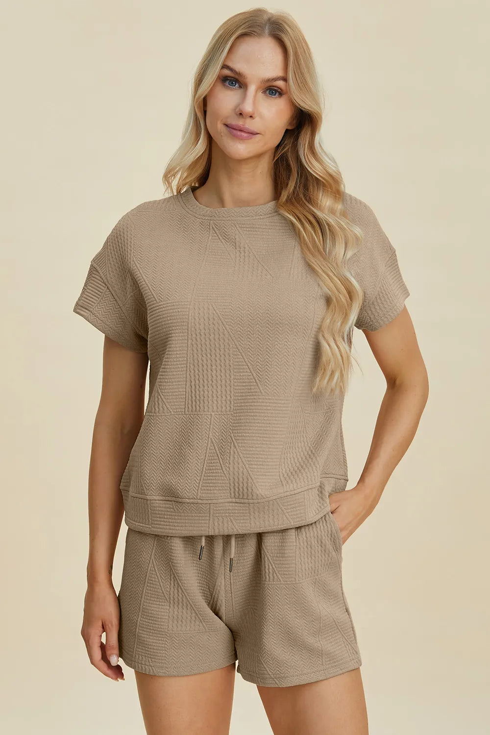 Double Take Full Size Texture Short Sleeve Top and Shorts Set - Khaki - Bexa Boutique