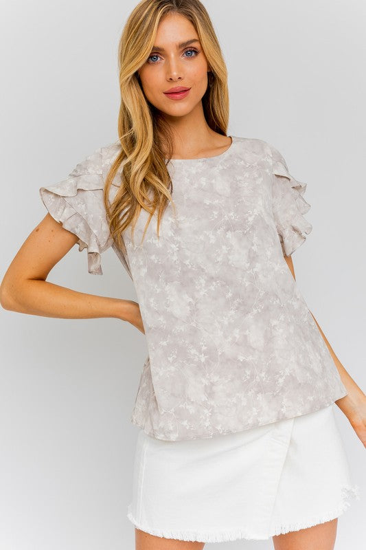 S/S Overlap Ruffle Sleeve Ditsy Print Top - GREY-CREAM DITSY - Bexa Boutique