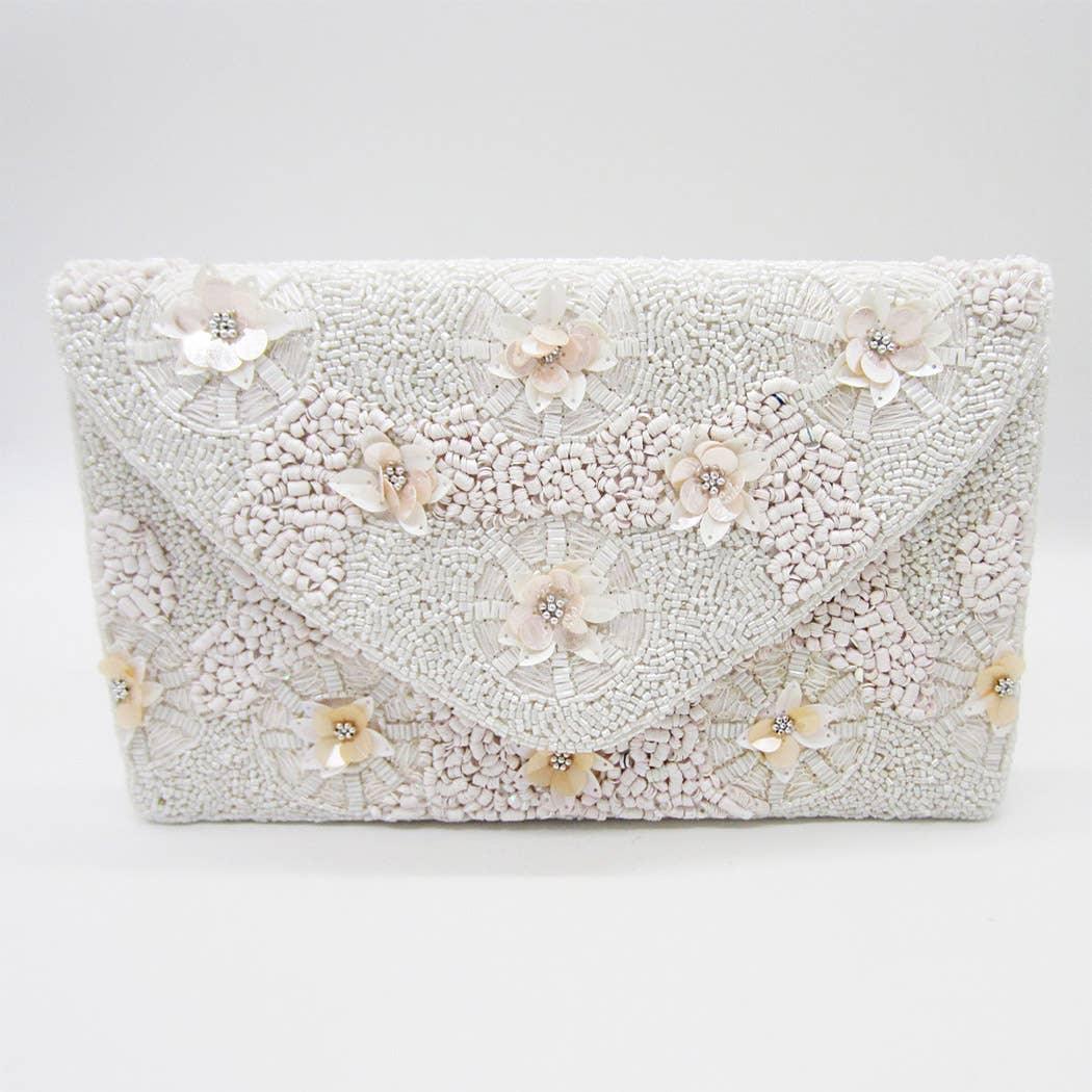 White Seed Beaded Floral Clutch - WHT - Bexa Boutique