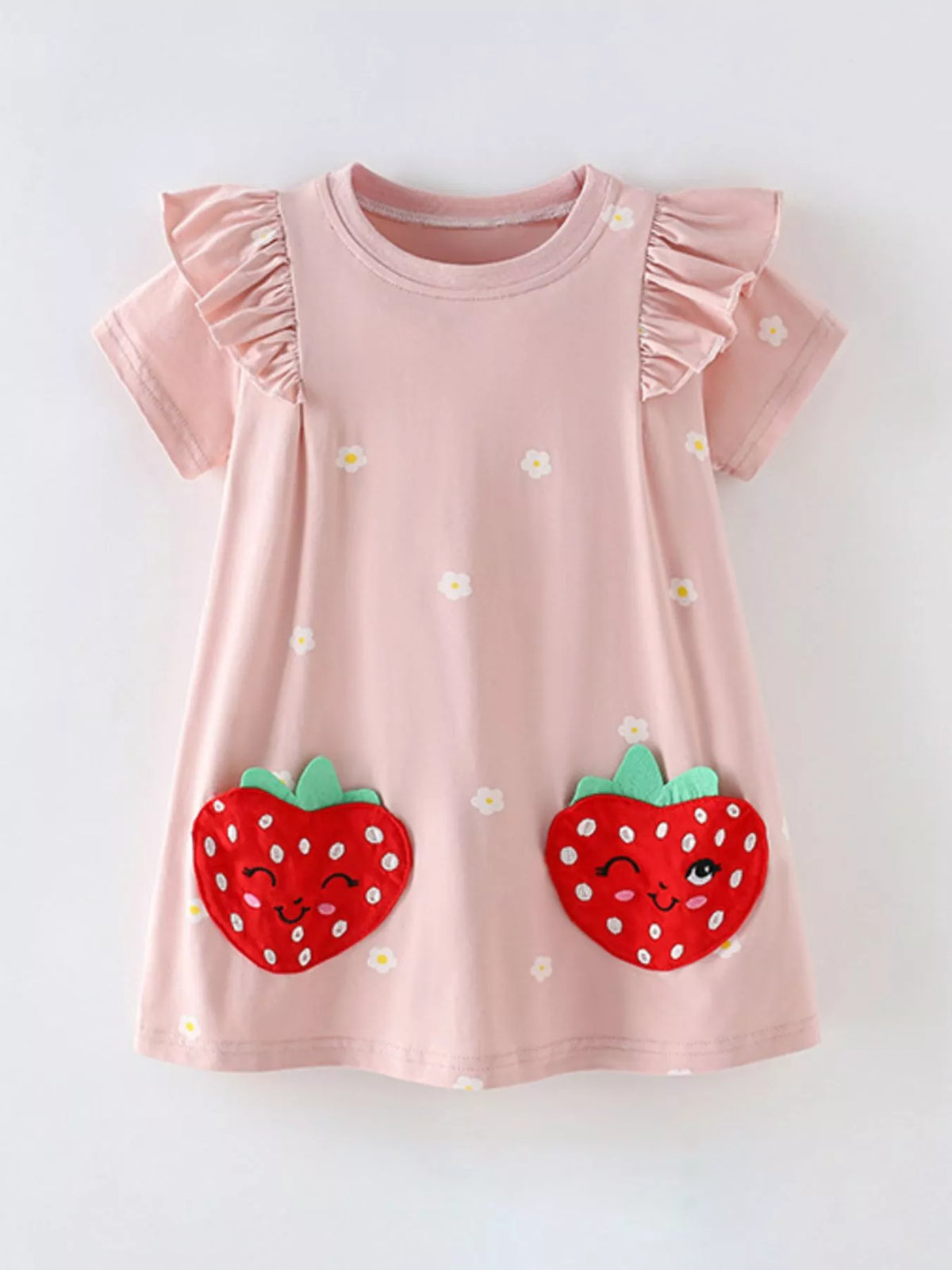 Children's Strawberry Applique Ruffle Sleeve Dress Blush Pink / 6Y Children's Strawberry Applique Ruffle Sleeve Dress Blush Pink / 6Y
