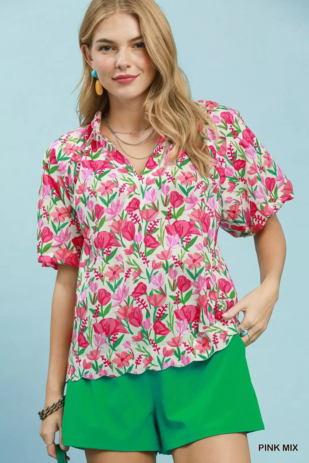 Umgee Floral Puff Sleeve Blouse with Scalloped Details - PINK MIX - Bexa Boutique