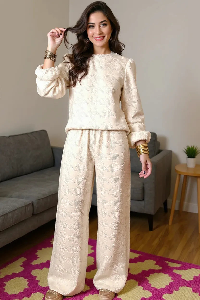 Double Take Texture Long Sleeve Top and Wide Leg Pants Set - Cream - Bexa Boutique