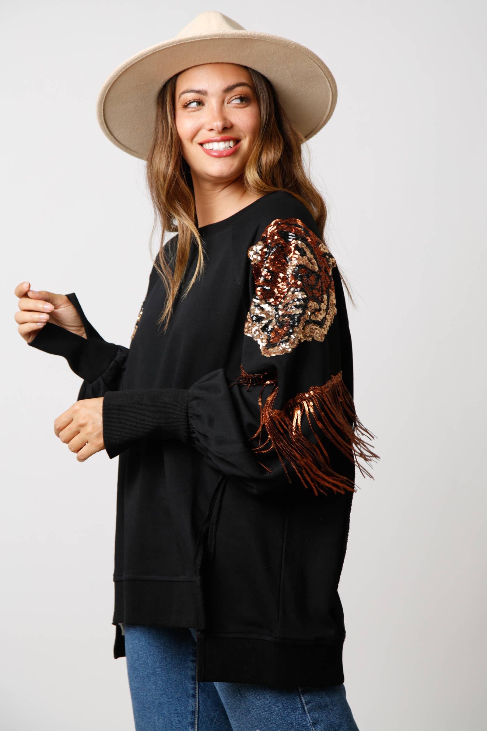 Loose Sweatshirt W/ Sequin Shoulder Tiger & Fringe - IFKT54444-01 - Preorders: BLACK/BROWN / S - Bexa Boutique