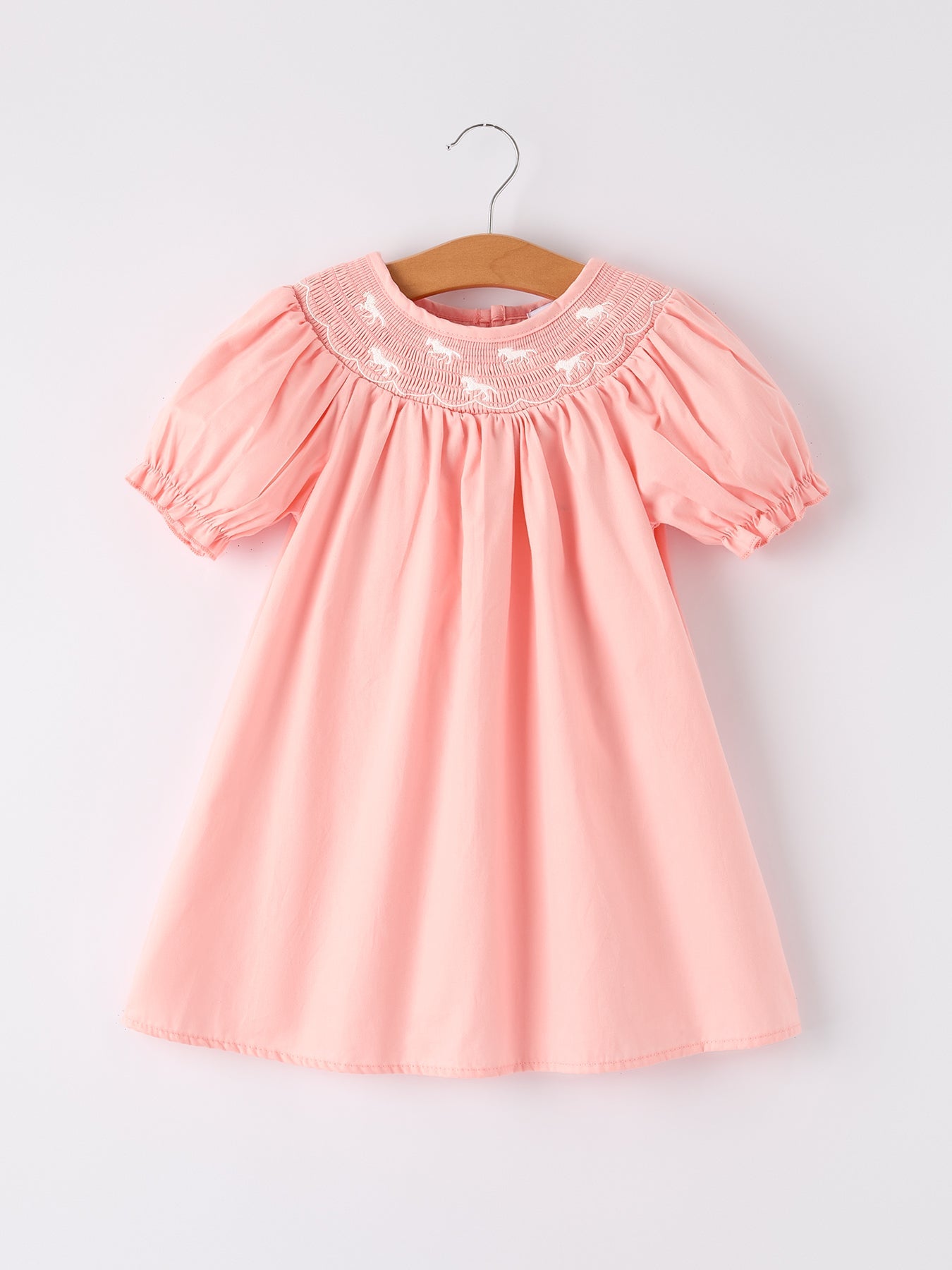 Girls Horse Smocking Embroidered Coral Dress - Bexa Boutique