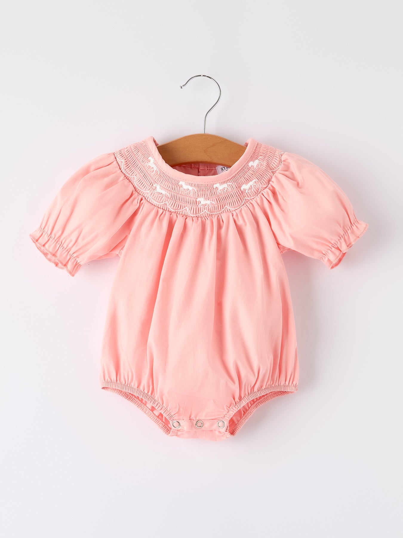 Girls Horse Smocking Embroidered Coral Romper - Bexa Boutique