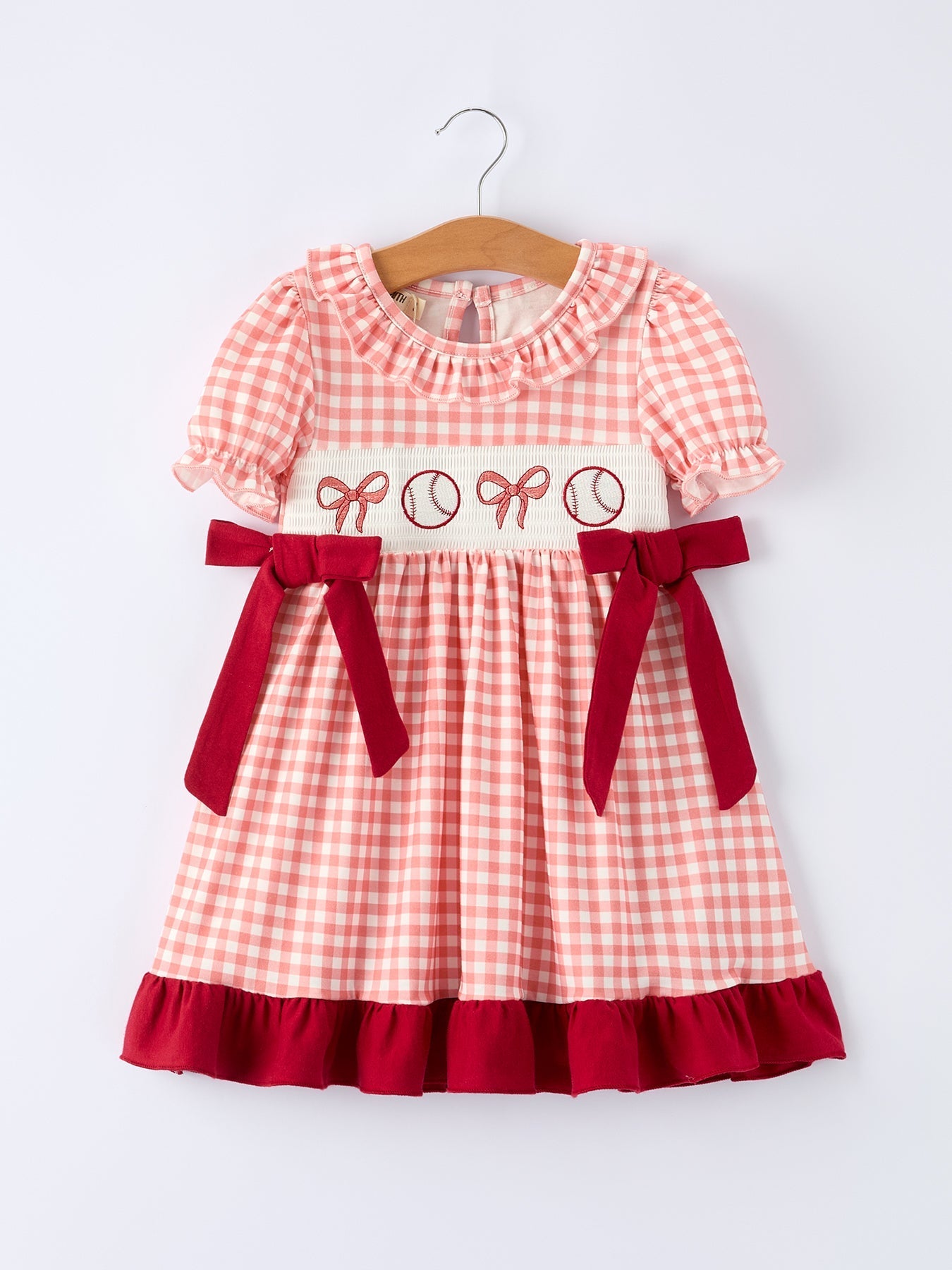 Baseball Embroidery Smocked Ruffle Plaid Girl Dress - Bexa Boutique