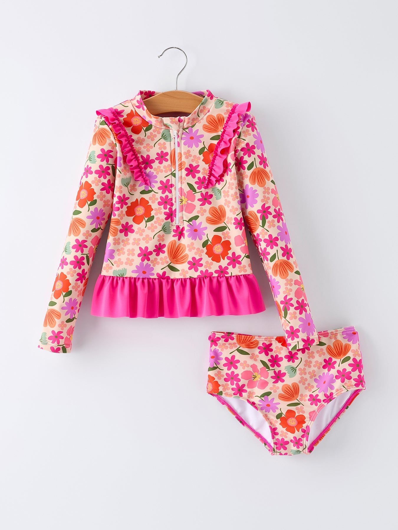 Summer Floral Ruffle Long Sleeve Girl Swimwear Set - Bexa Boutique