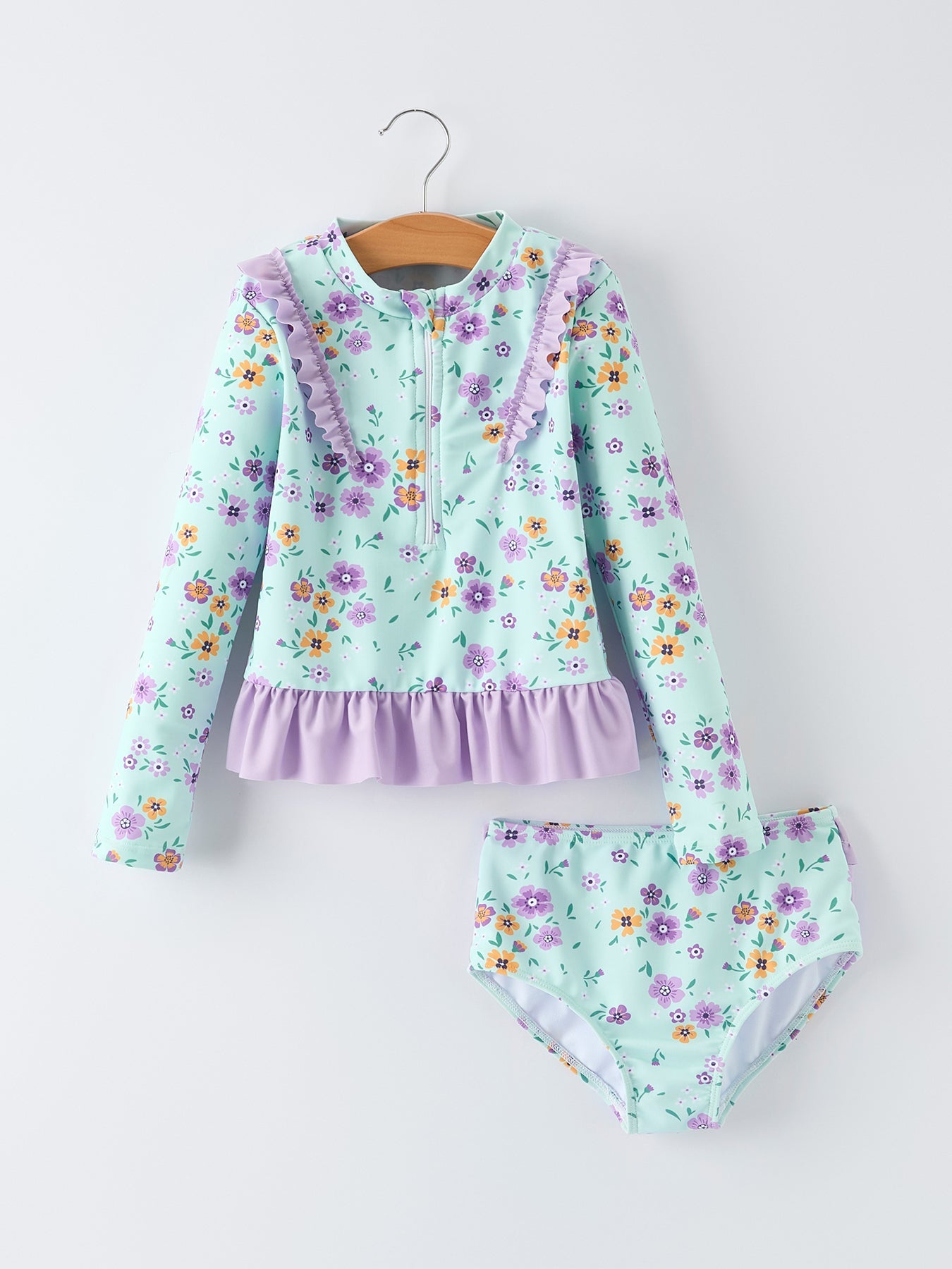 Summer Mint Floral Long Sleeve Girl Swimwear Set - Bexa Boutique