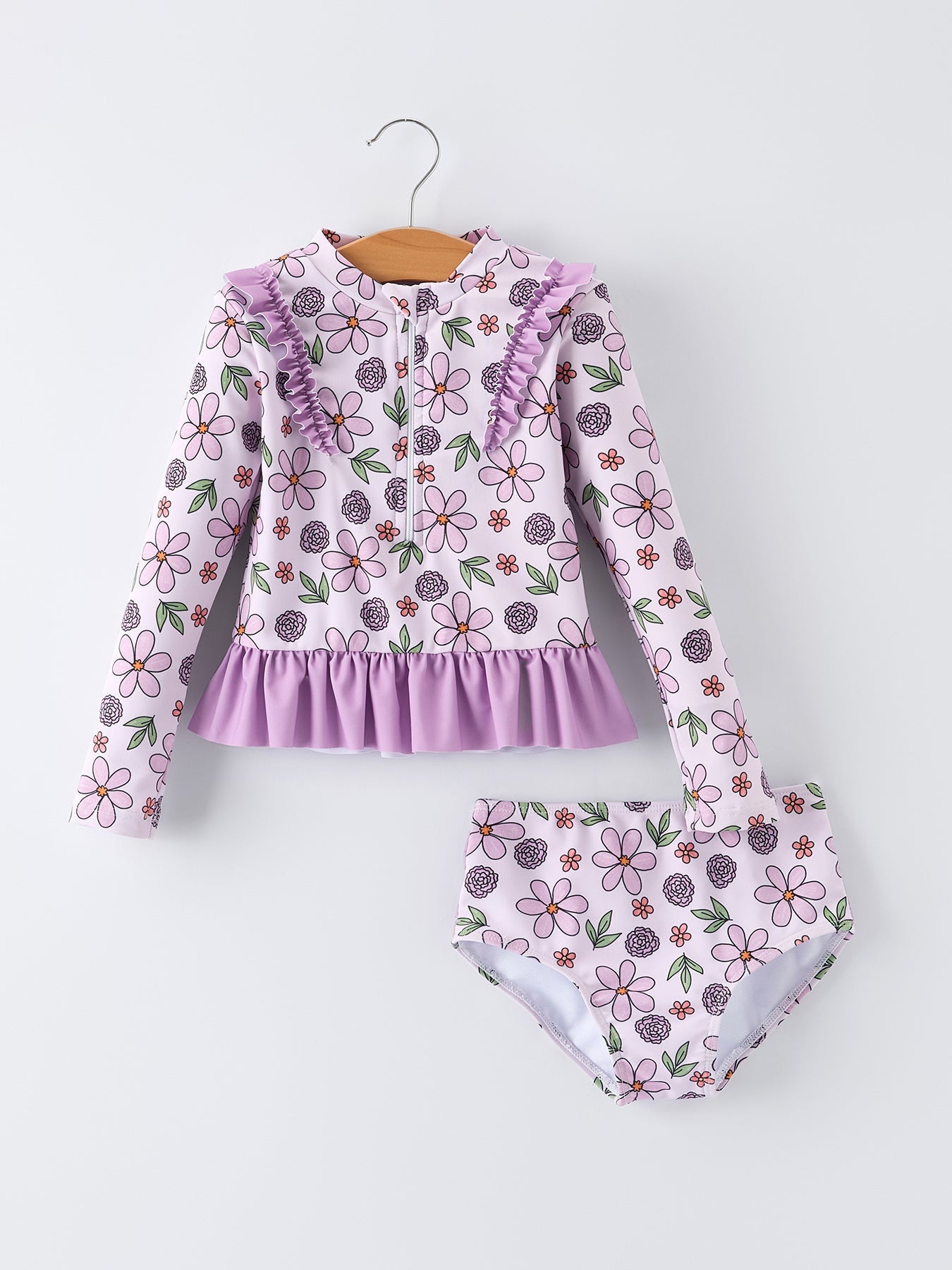 Summer Purple Floral Long Sleeve Girl Swimwear Set - Bexa Boutique