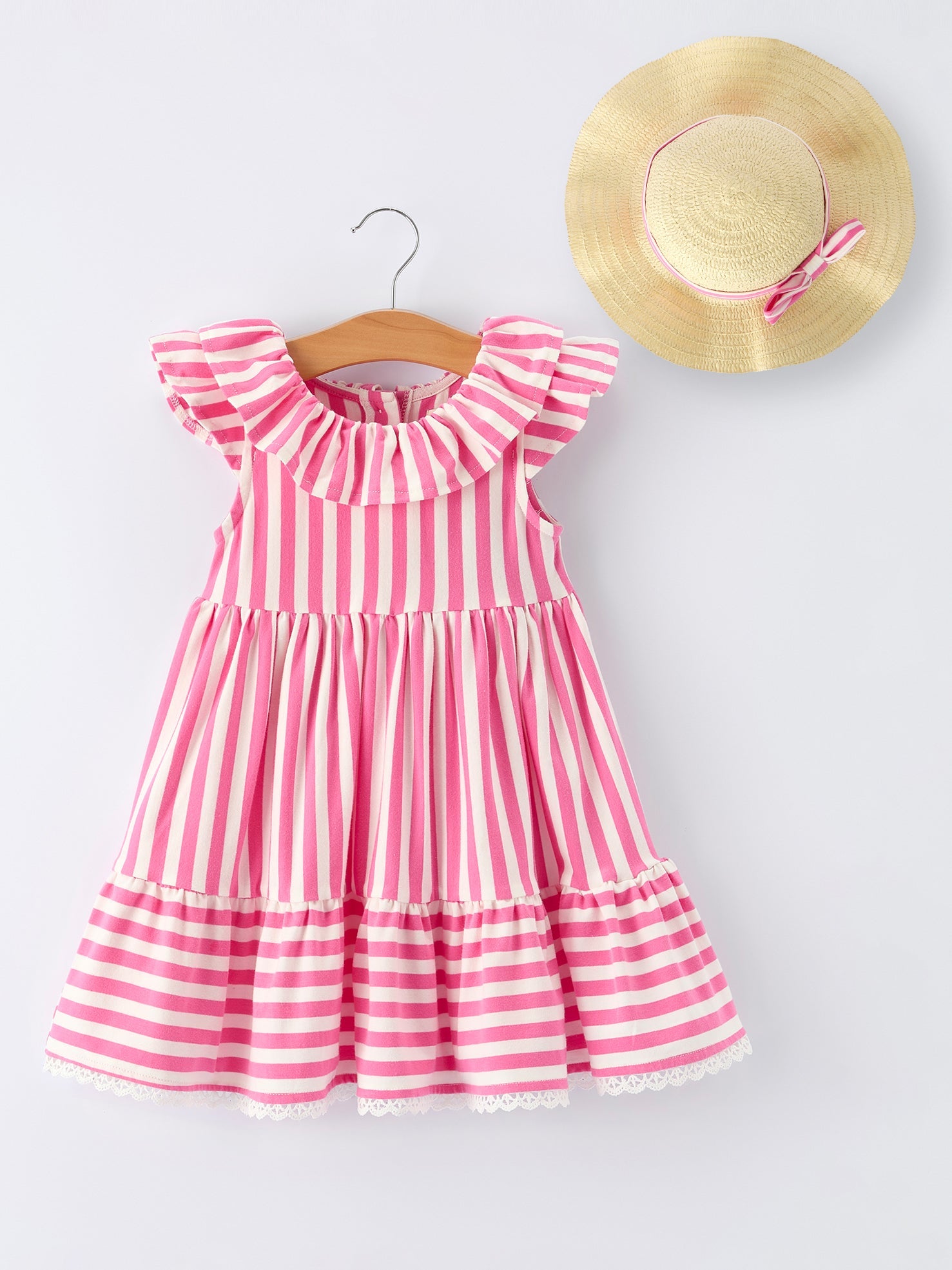 Spring Pink Striped Ruffled Girls' Dress with Hat - Bexa Boutique