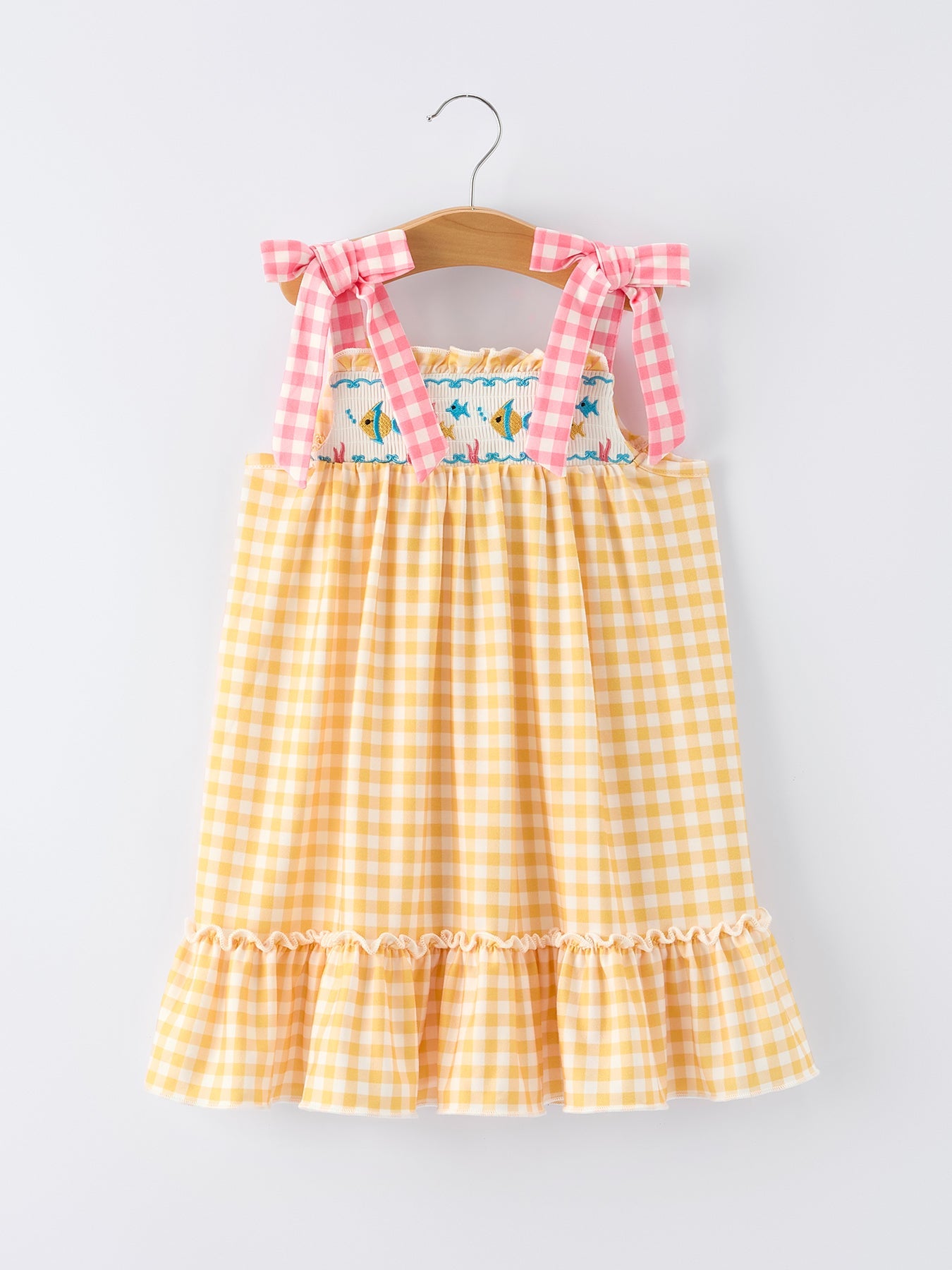 Fish Embroidery Smocking Plaid Girls' Dress - Bexa Boutique