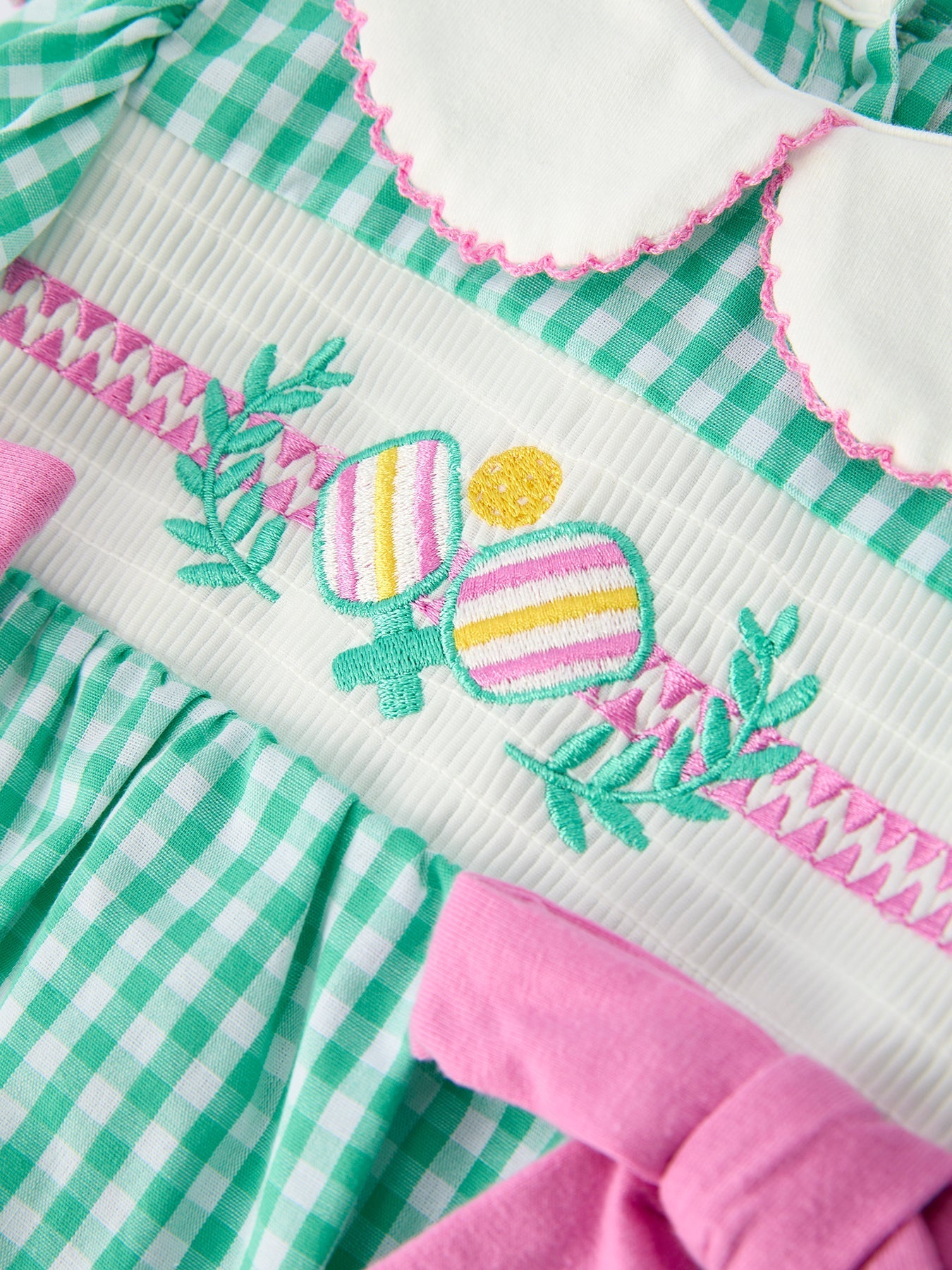 Pickle Ball Bow Ruffle Smocked Green Baby Girl Romper - Bexa Boutique