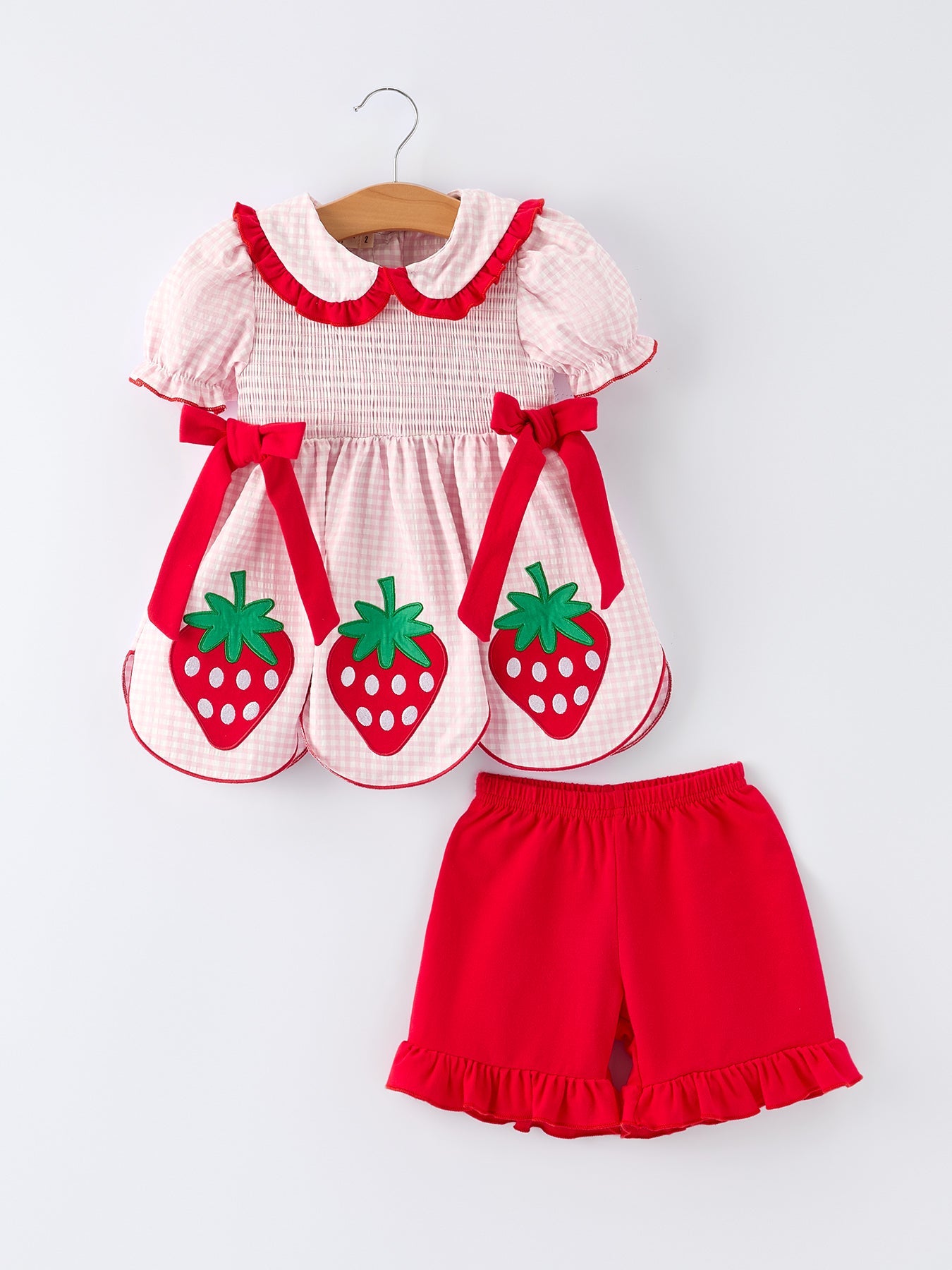 Girls' Plaid Smocked Strawberry Applique Shorts Set - Bexa Boutique