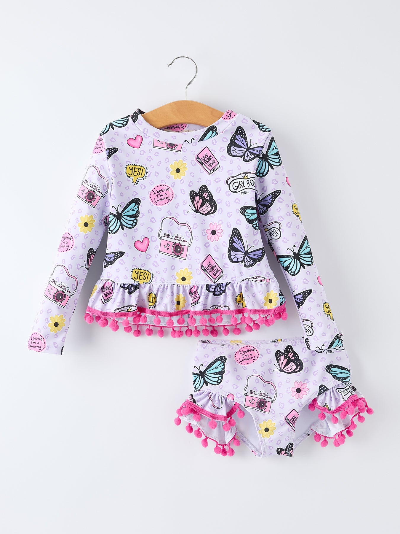 Girls Butterfly Long Sleeve Ruffle Swimsuit Set - Bexa Boutique