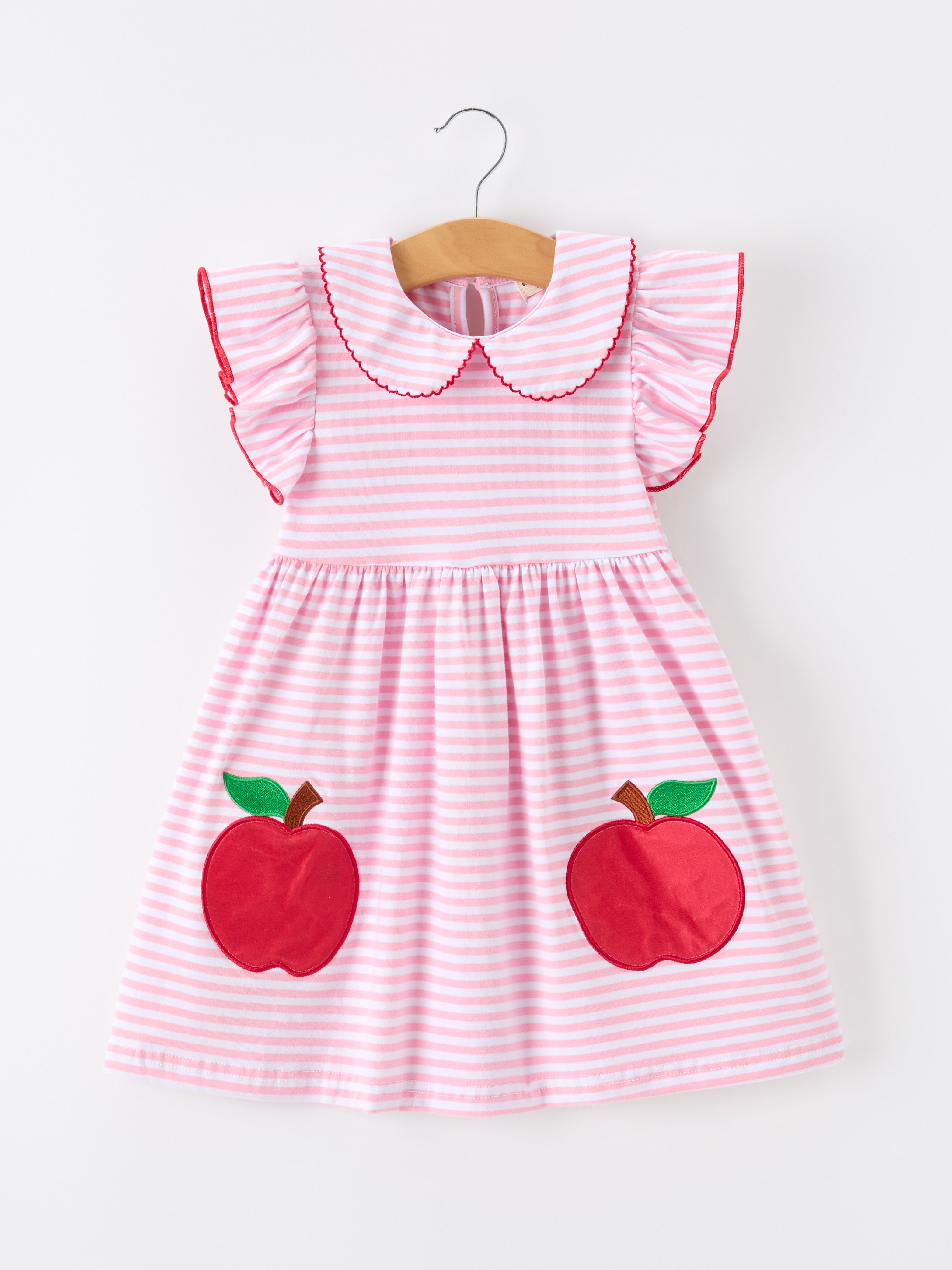 Girls Back To School Apple Applique Twirl Dress Ruffle Petal Collar - Bexa Boutique