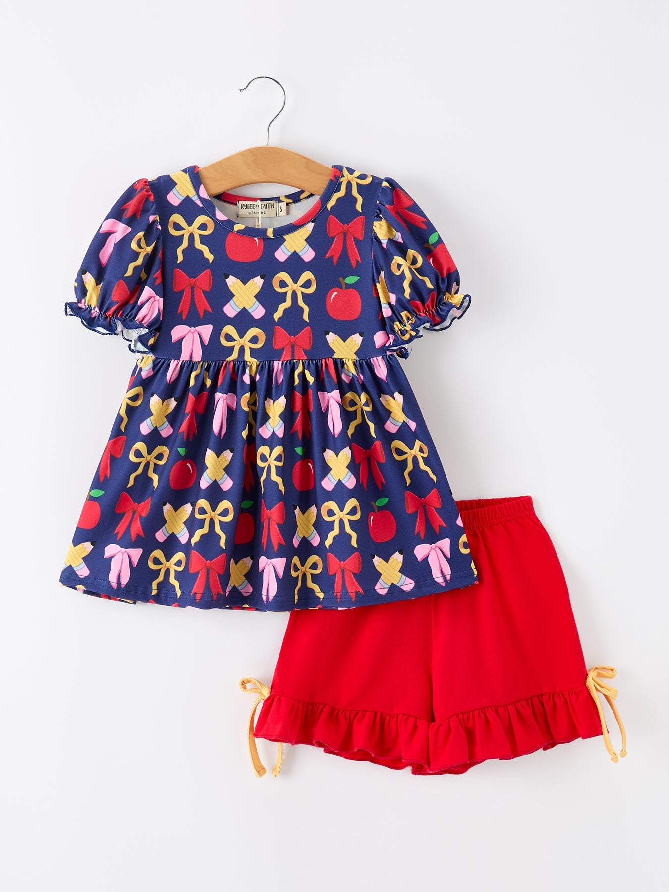 Girls Back To School Apple Pencil Outfit Set Bow Ruffle - Bexa Boutique