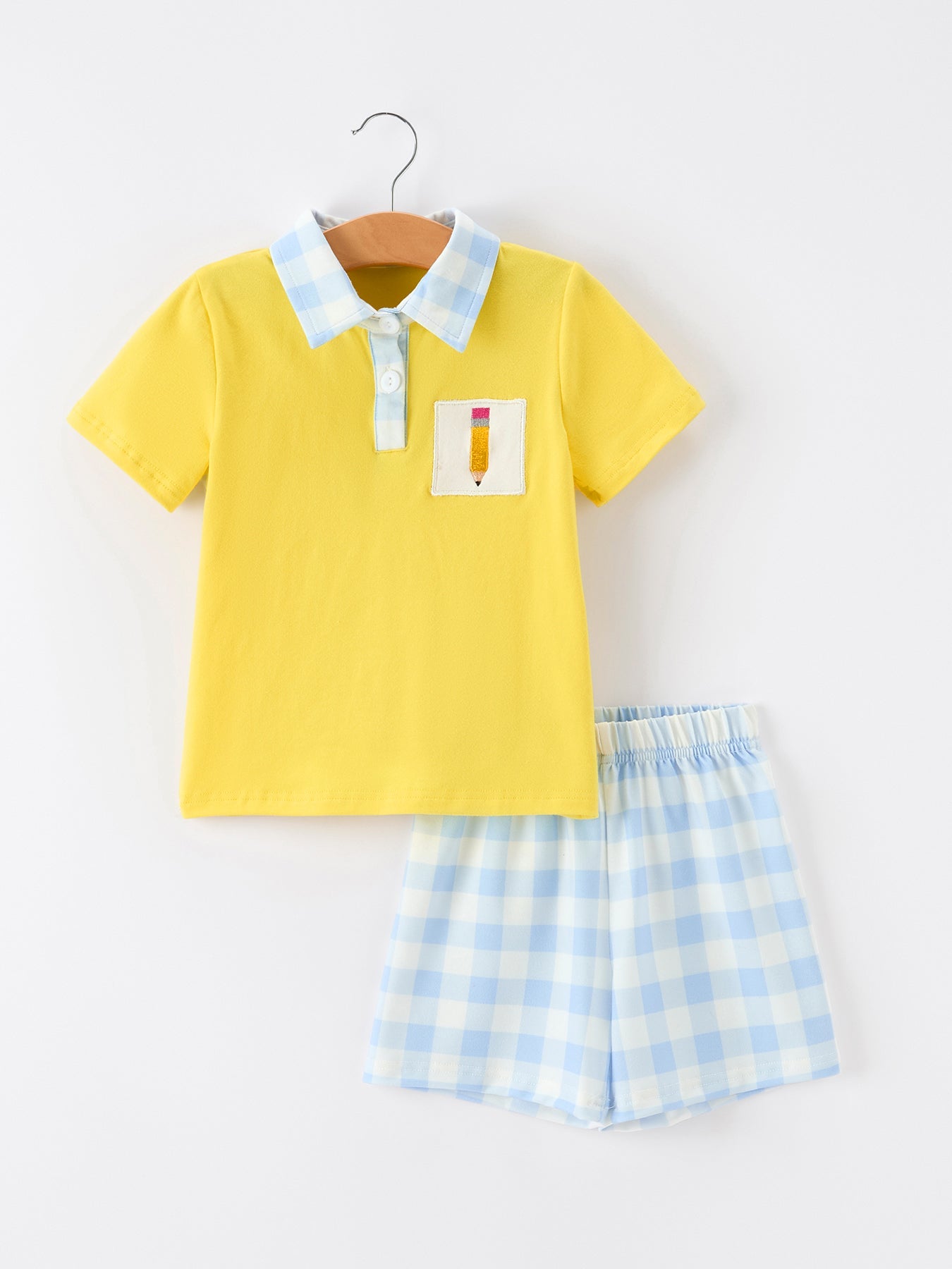 Boys Back To School Pencil Plaid Polo Short Set Embroidery - Bexa Boutique