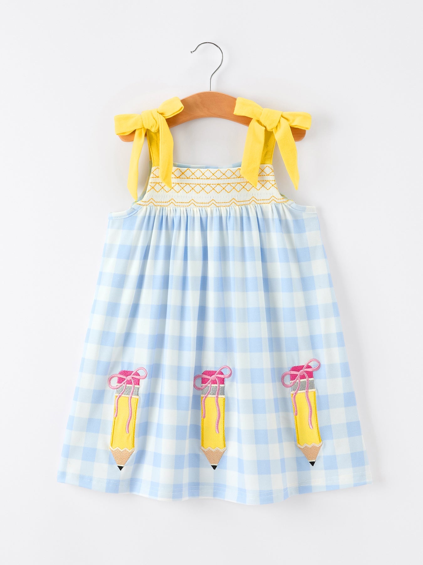 Girls Back To School Pencil Plaid Dress Bow Applique Smocked - Bexa Boutique