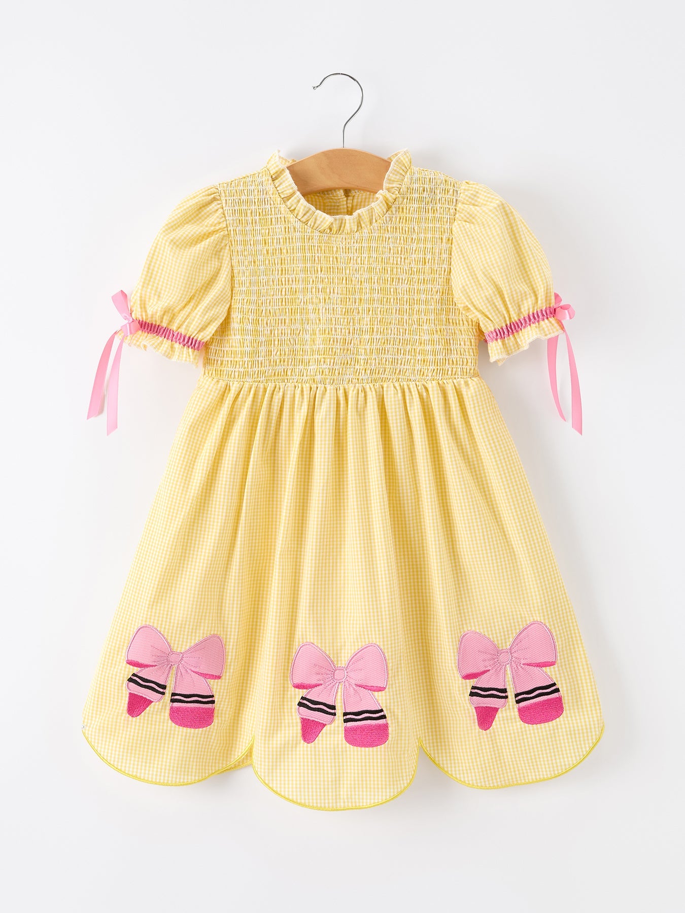 Girls Back To School Pencil Twirl Yellow Dress Bow Applique Smocked - Bexa Boutique