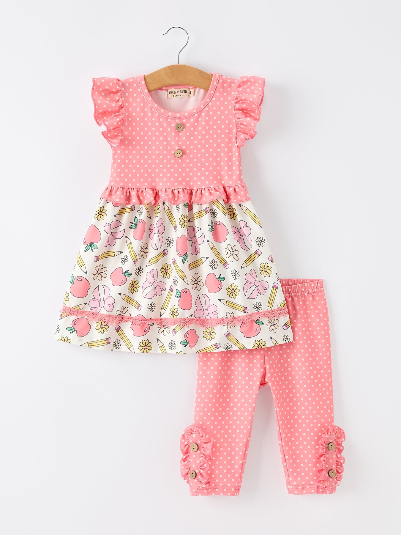 Girls Back To School Apple Pencil Polka Dot Dress Leggings Set - Bexa Boutique
