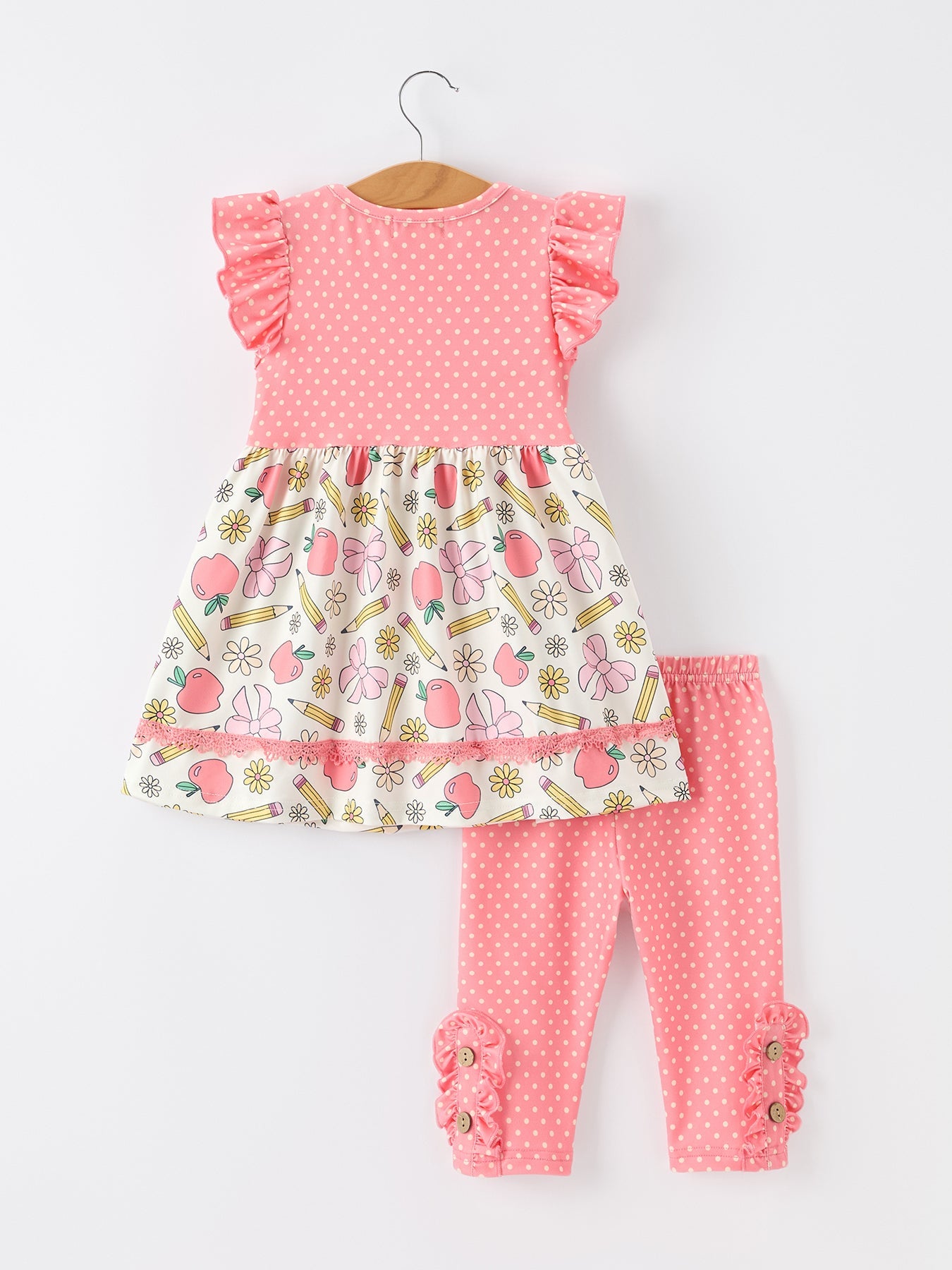 Girls Back To School Apple Pencil Polka Dot Dress Leggings Set - Bexa Boutique