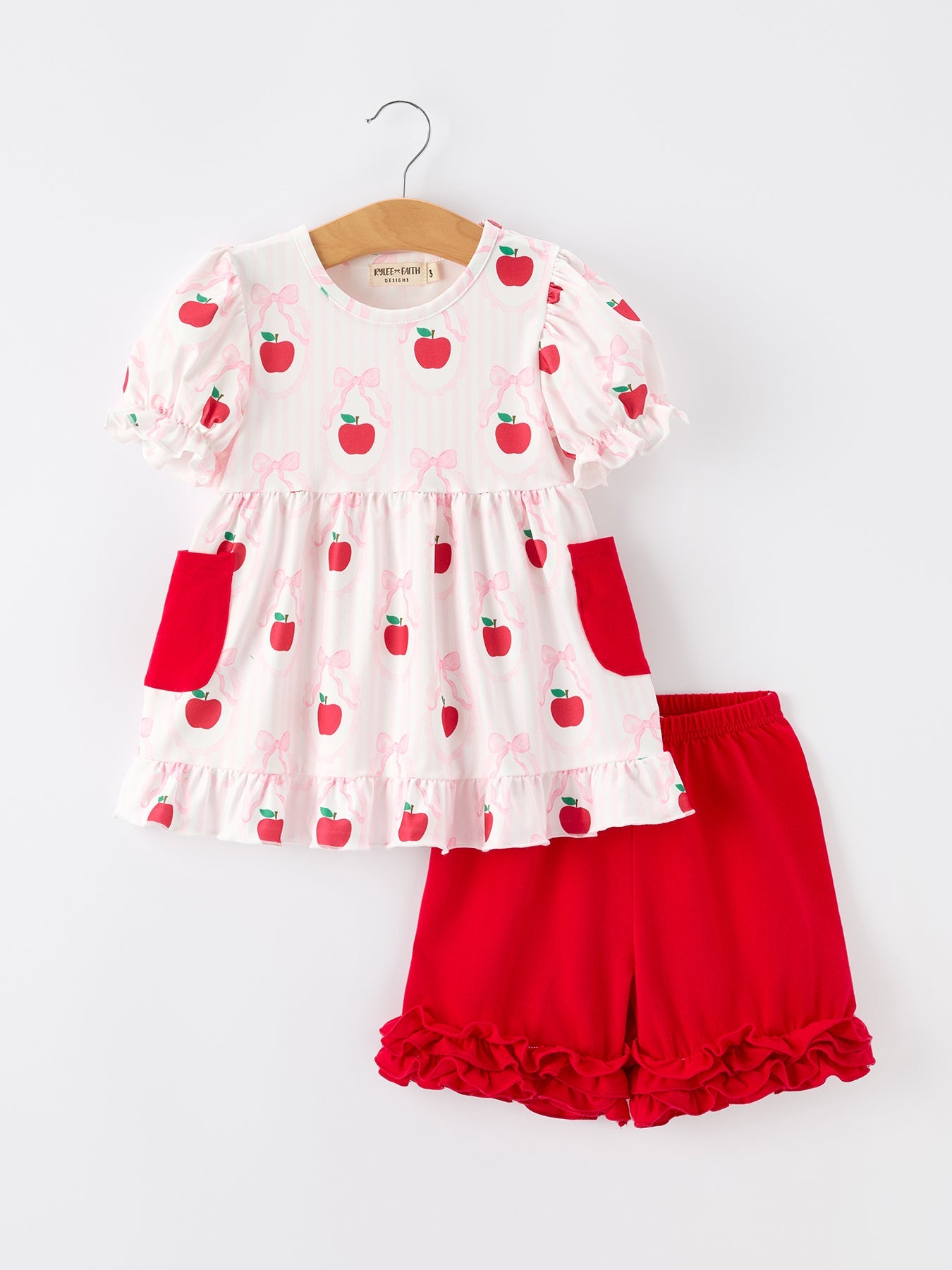 Girls Back To School Apple Bow Pocket Ruffle Top Shorts Set - Bexa Boutique