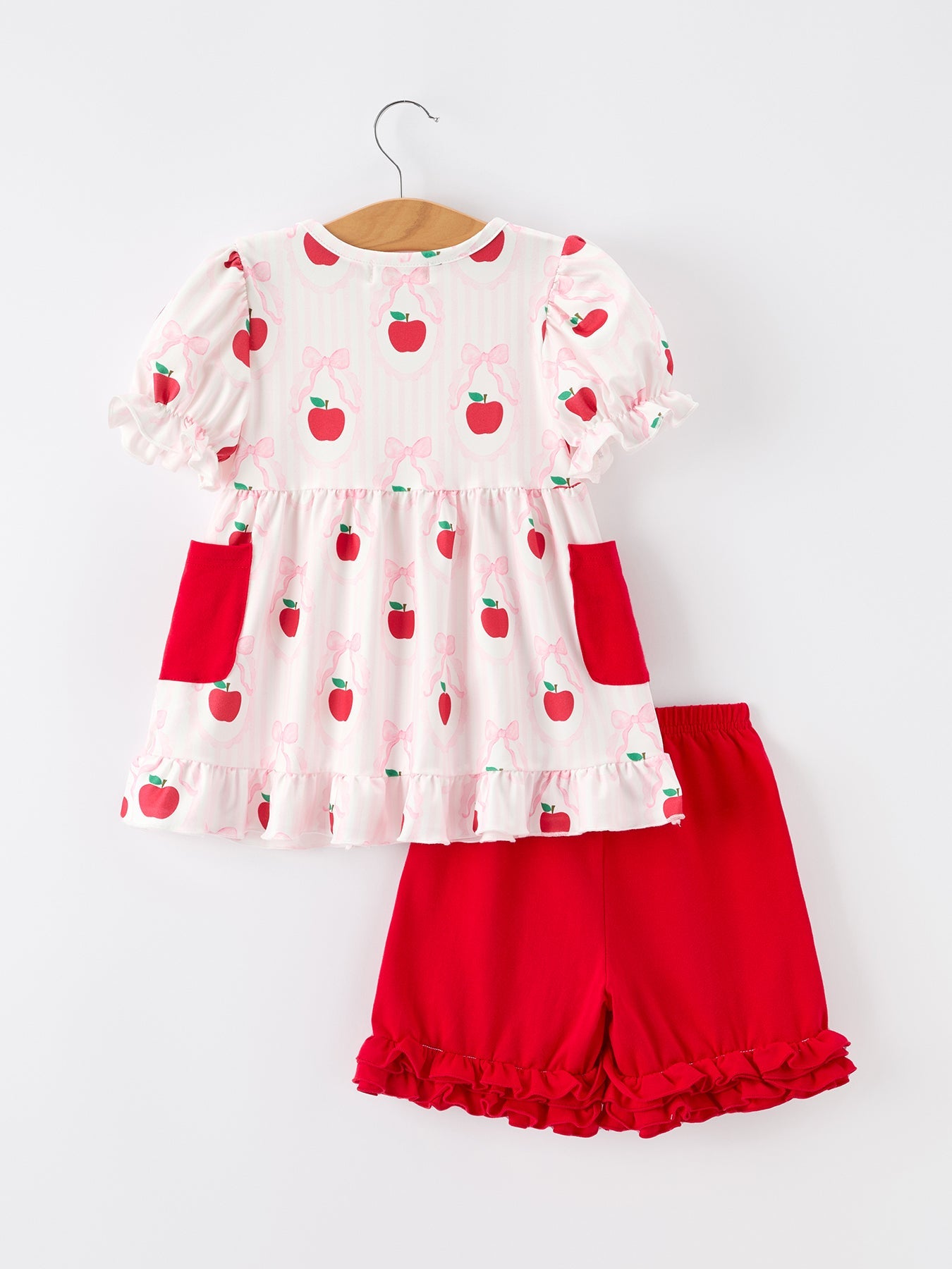 Girls Back To School Apple Bow Pocket Ruffle Top Shorts Set - Bexa Boutique