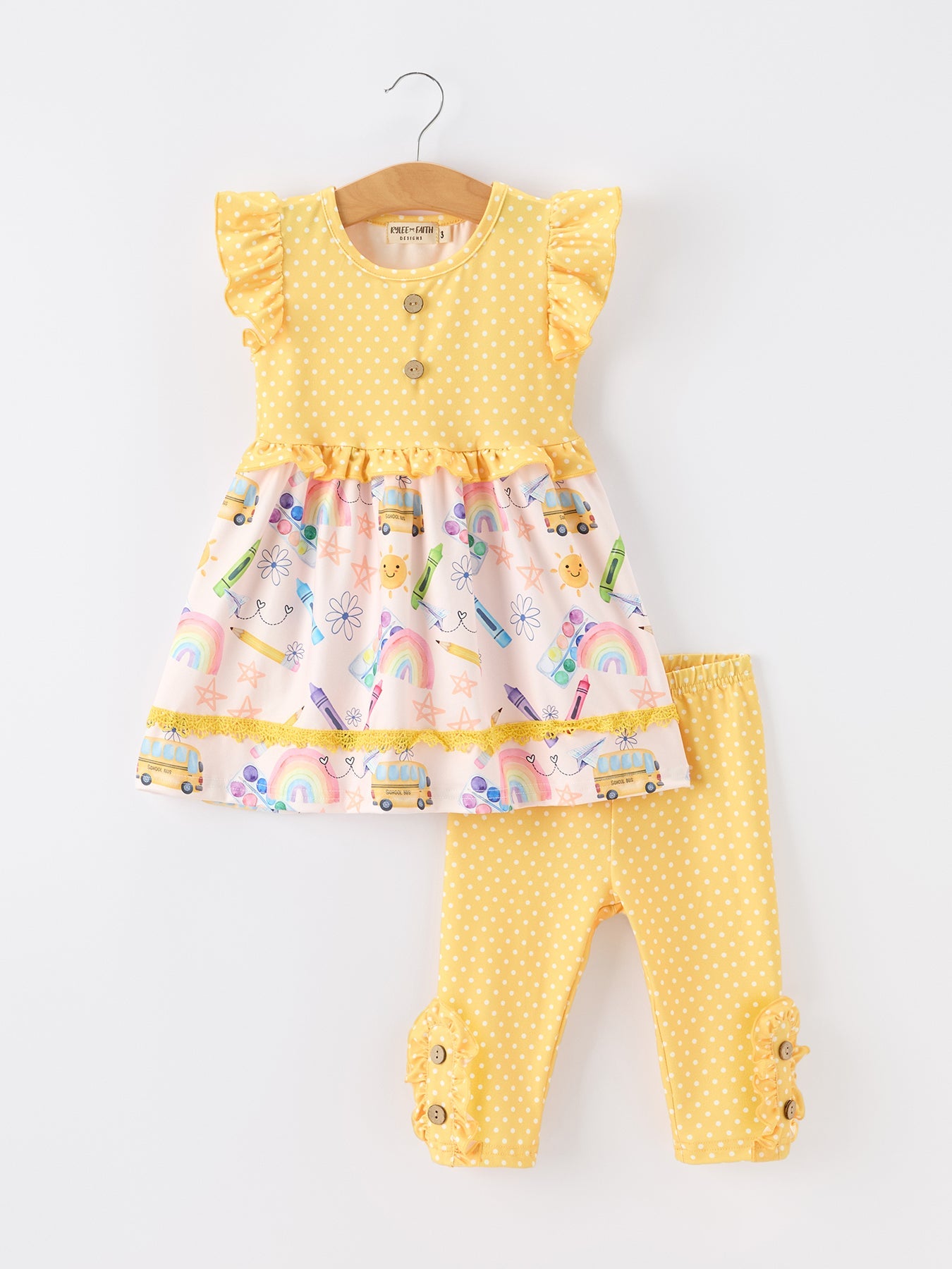 Girls Back To School Rainbow School Bus Ruffle Dress Leggings Set - Bexa Boutique