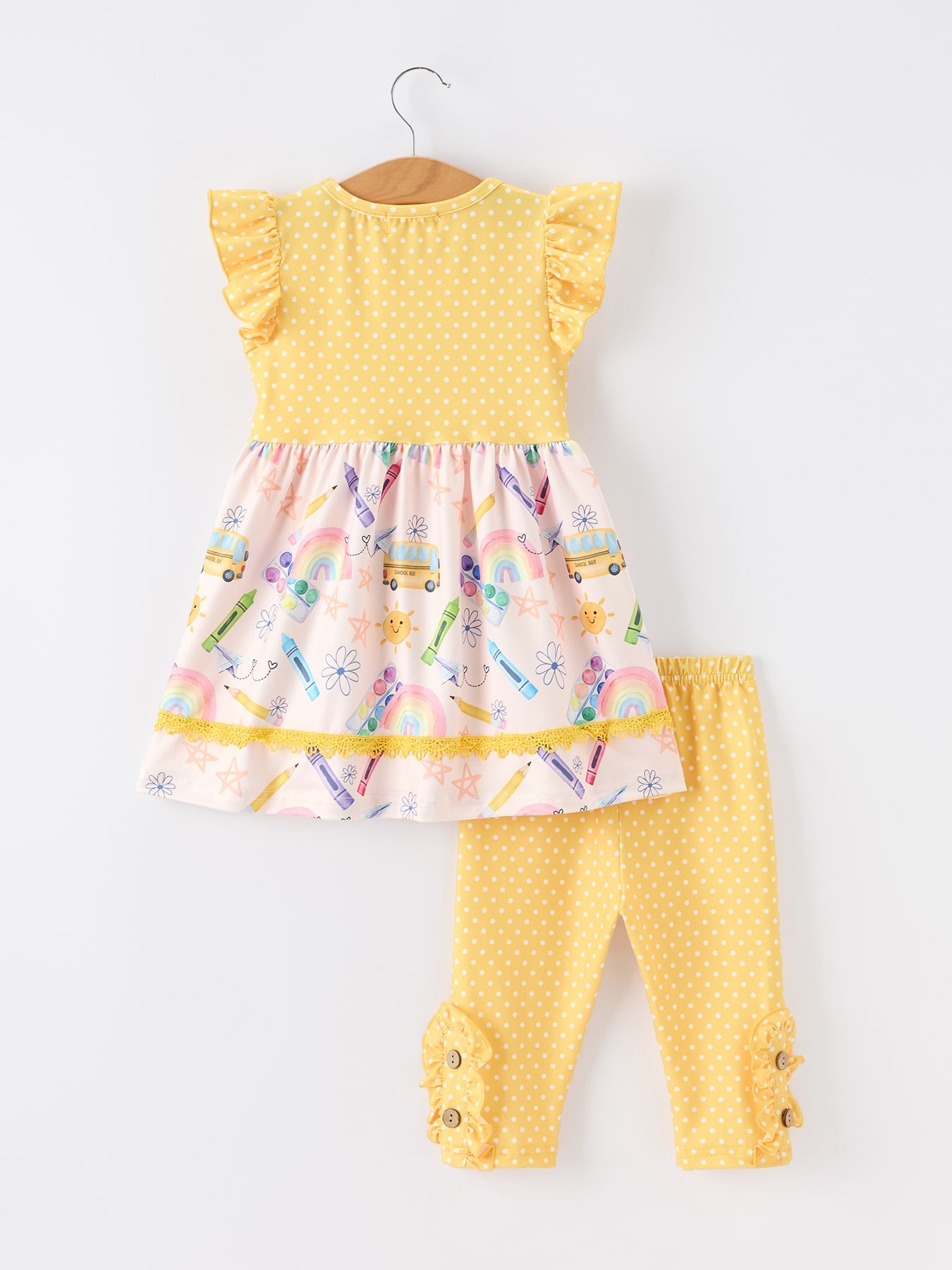 Girls Back To School Rainbow School Bus Ruffle Dress Leggings Set - Bexa Boutique