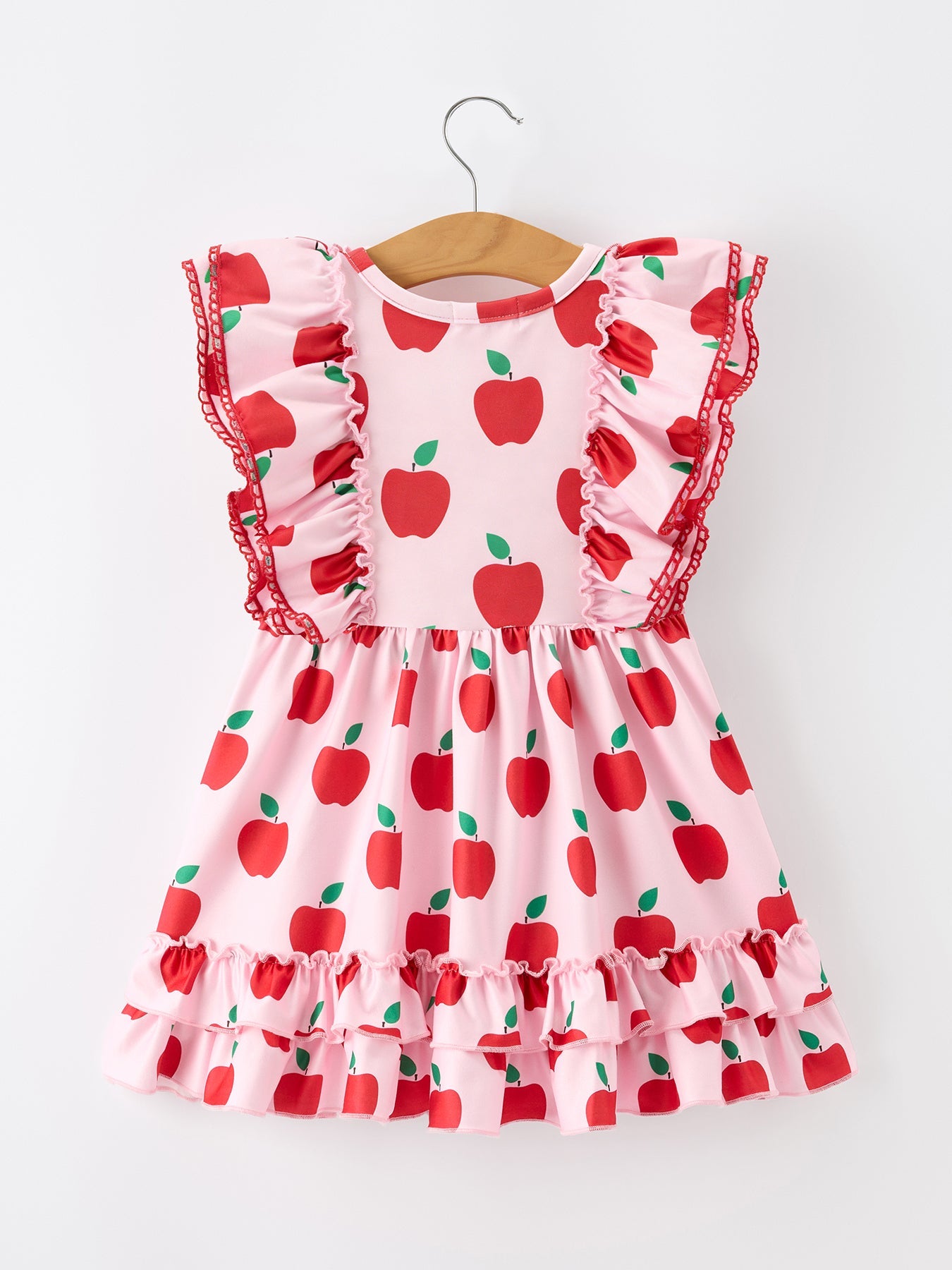 Girls Back To School Apple Twirl Dress Ruffle Flutter Sleeve - Bexa Boutique