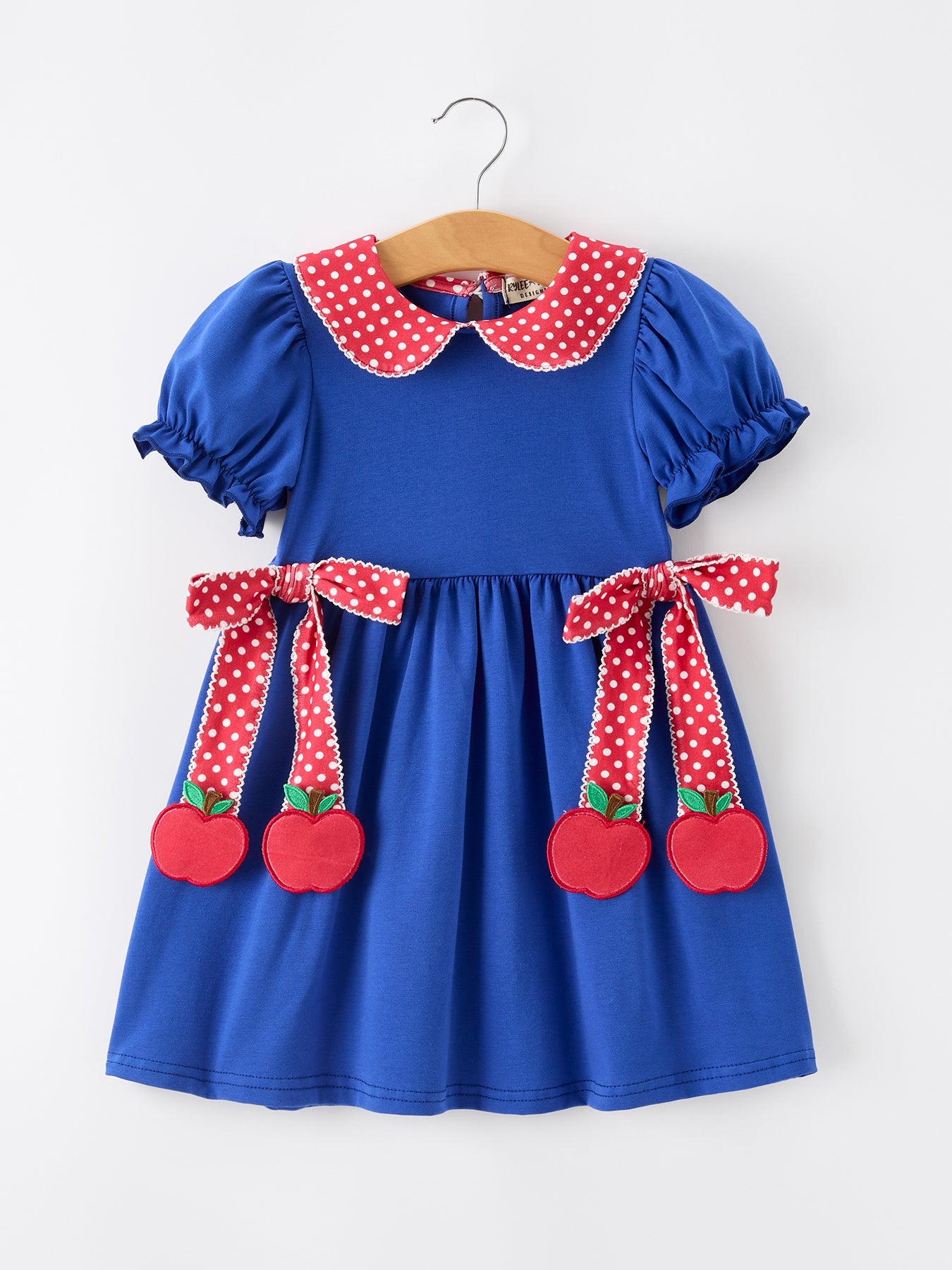 Girls Back To School Apple Polka Dot Petals Collar Bow Dress - Bexa Boutique