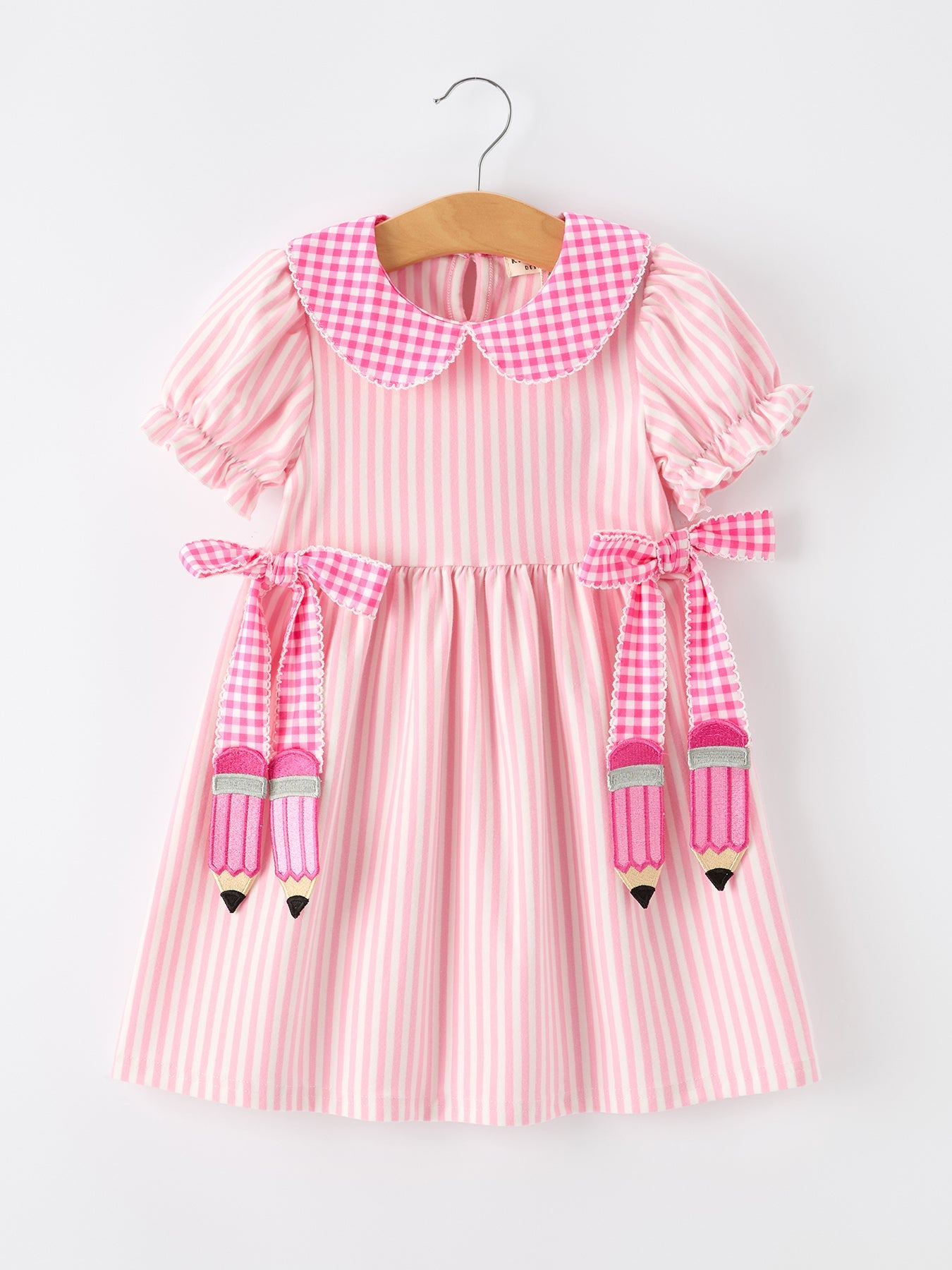 Girls Back To School Pink Plaid Petals Collar Pencil Applique Dress - Bexa Boutique