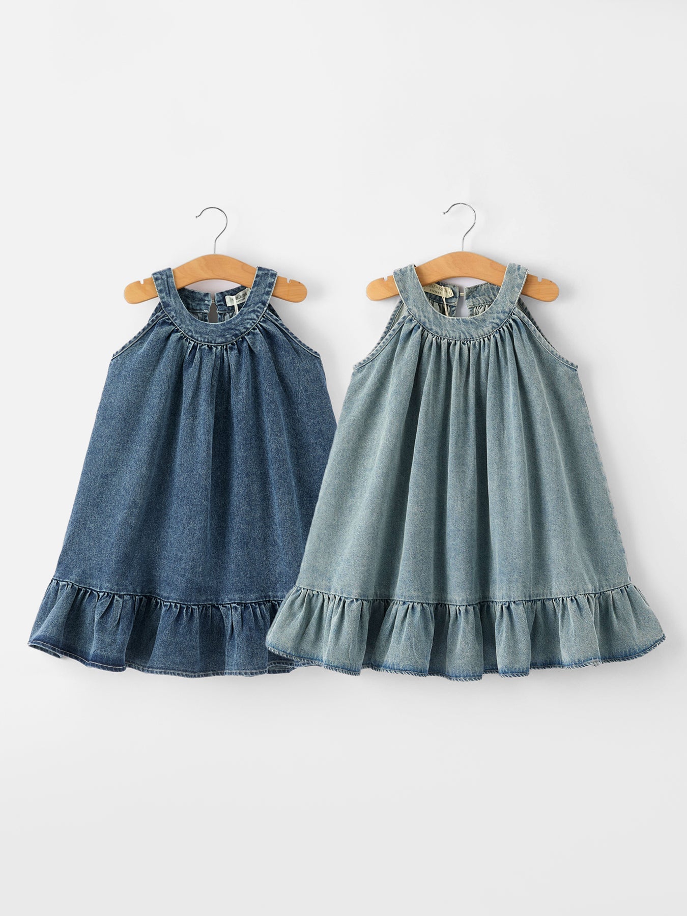 Girls Denim Ruffle Trim A-Line Dress - Light Blue - Bexa Boutique