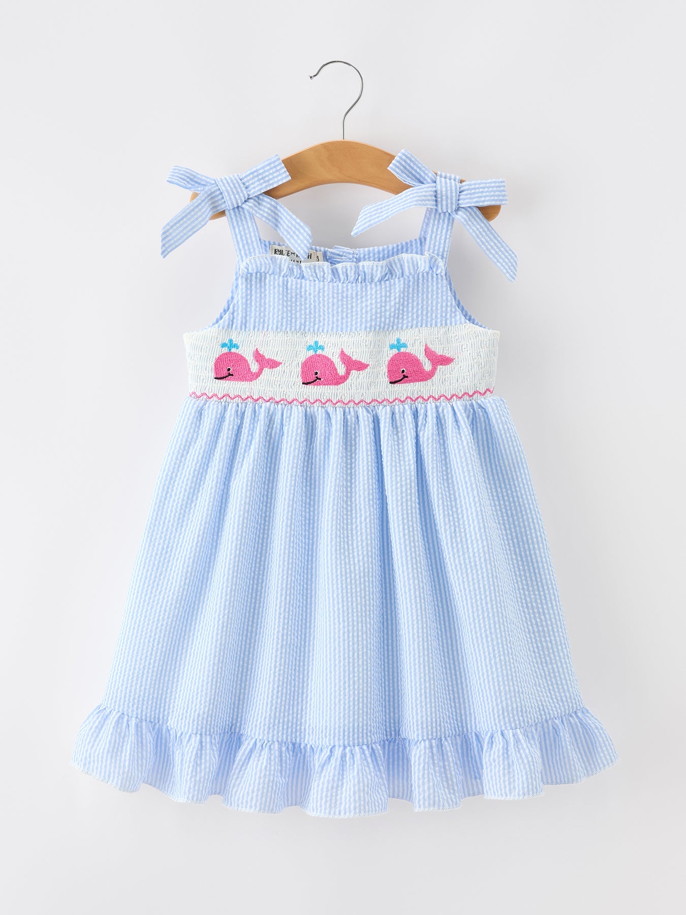 Whale Embroidered Smocked Seersucker Girls Dress Bow - Bexa Boutique