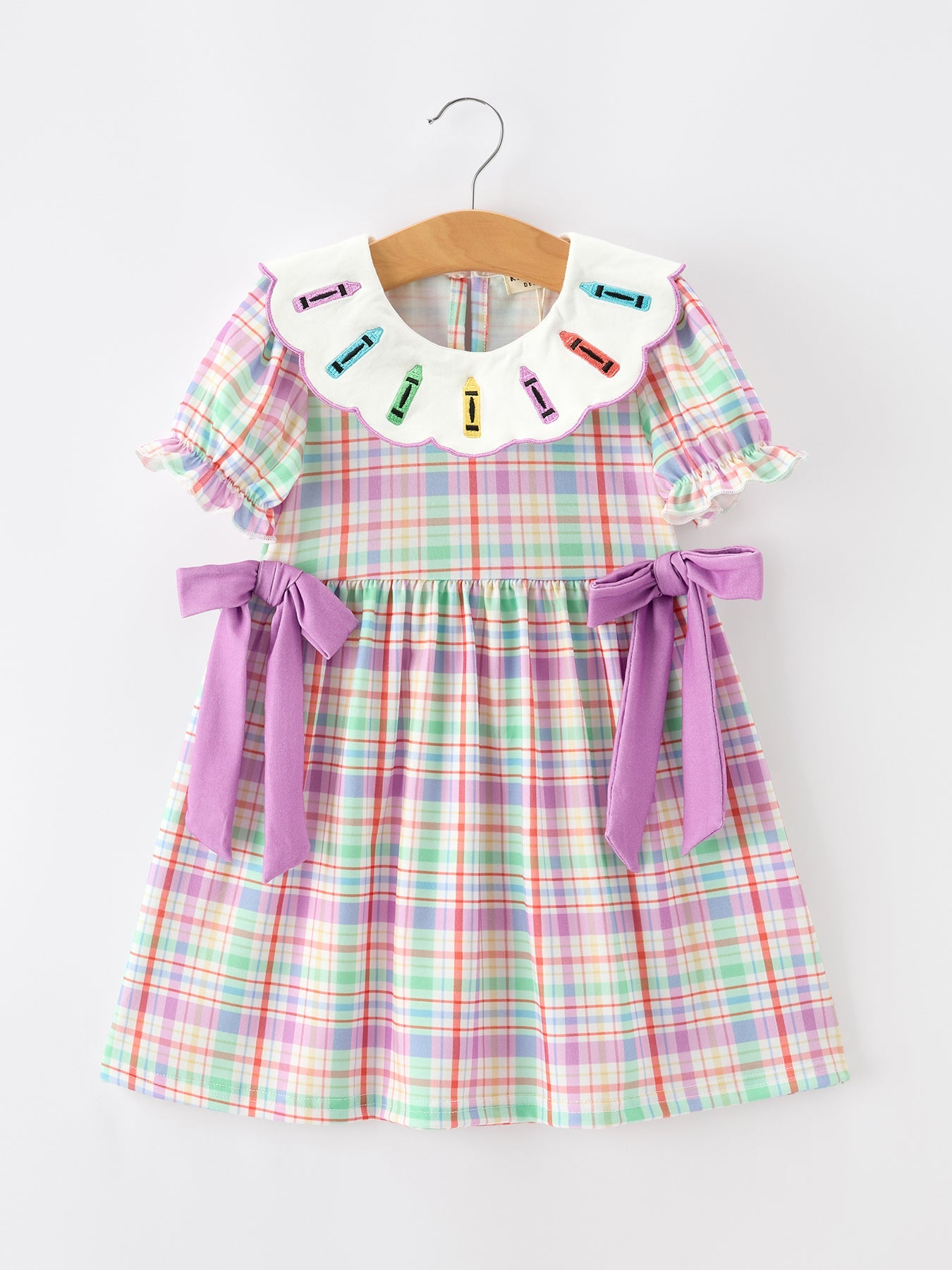 Back To School Plaid Crayon Embroidery Girls Dress Bow Puff Sleeve - Bexa Boutique