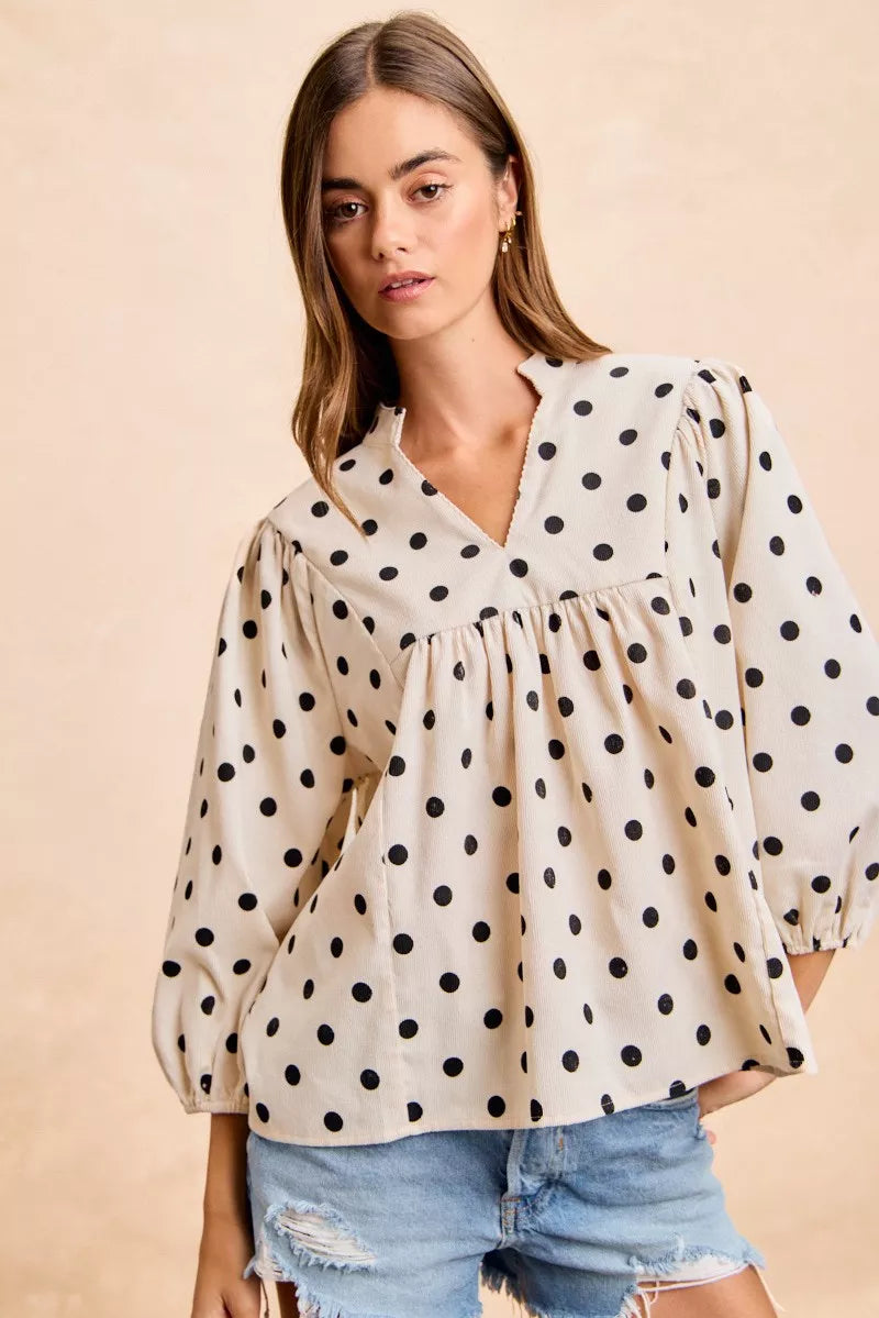 BiBi Polka Dot Corduroy Quarter Sleeves V Neck Blouse - IVORY/BLACK - Bexa Boutique
