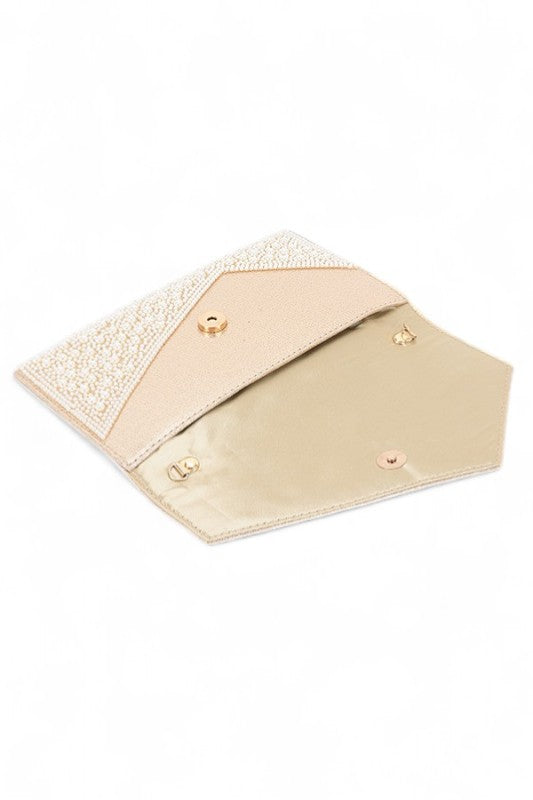 Pearl And Rhinestone Envelope Clutch Bag - Cream - Bexa Boutique