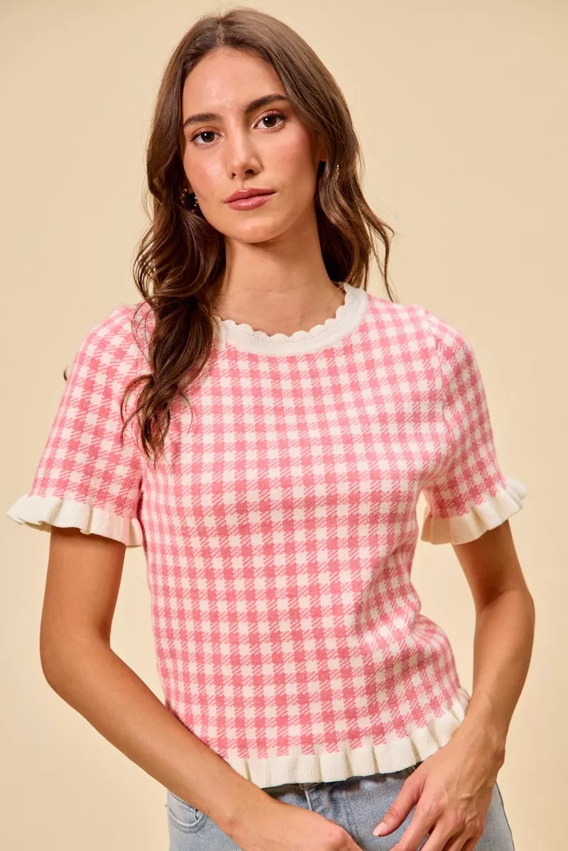 SO ME Gingham Knit Ruffled Short Sleeves Sweater Top - PINK - Bexa Boutique