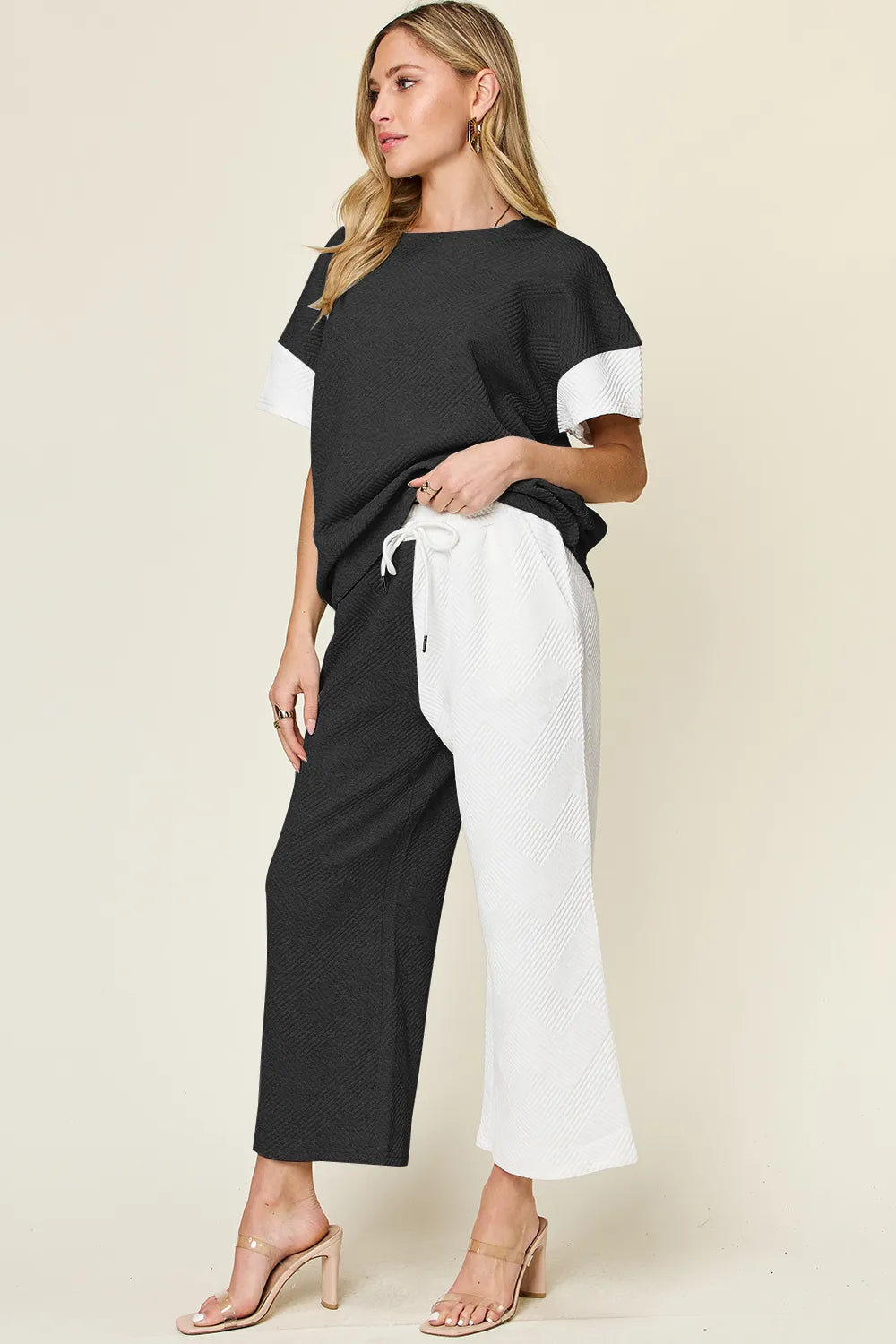 Double Take Full Size Texture Contrast T-Shirt and Wide Leg Pants Set - Light Gray - Bexa Boutique