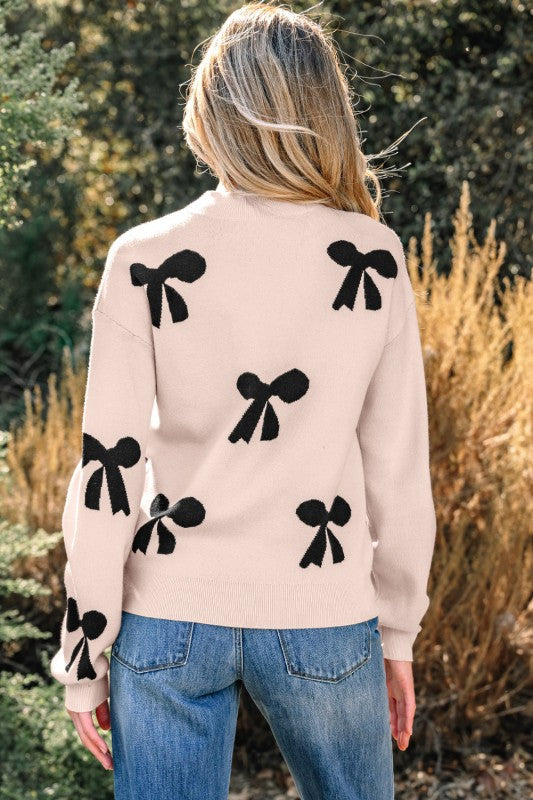 Bow Pearl Embellished Drop Shoulder Sweater - Smoke Gray - Bexa Boutique