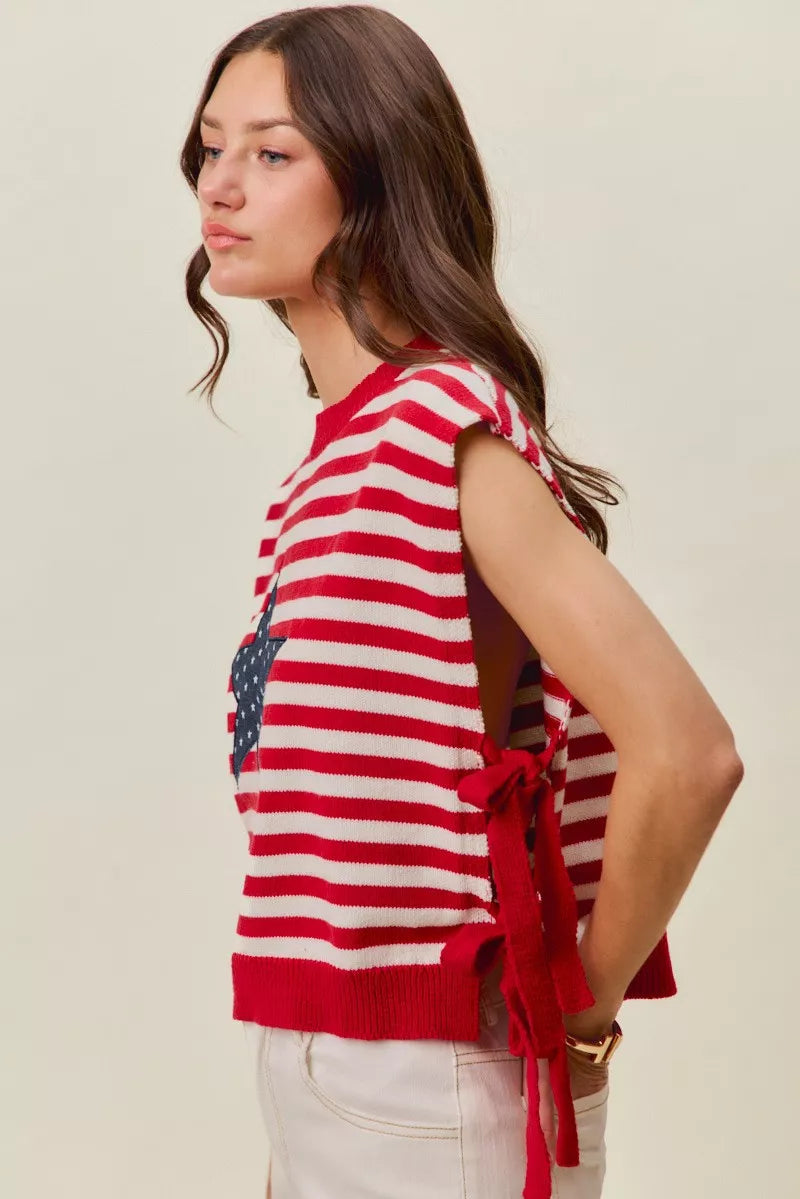 SO ME Stripe Star Patch 4th Of July Side Tie Vest Top - RED/IVORY - Bexa Boutique