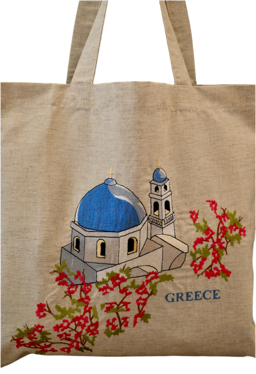 Santorini Church Embroidered Tote Bag - Bexa Boutique