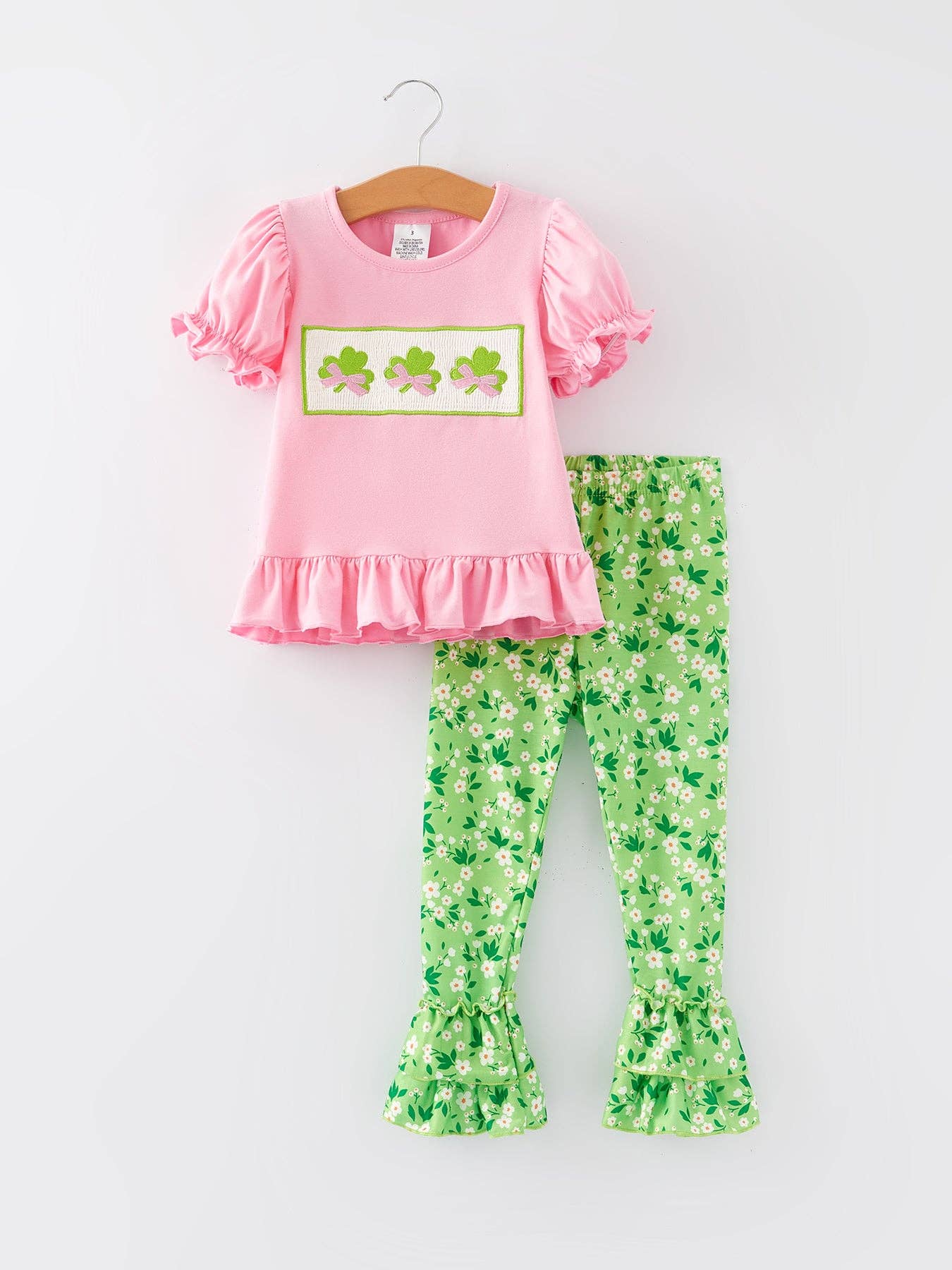 St. Patrick's Day Smocking Embroidered Pink Top+Pants Outfit Set - Bexa Boutique